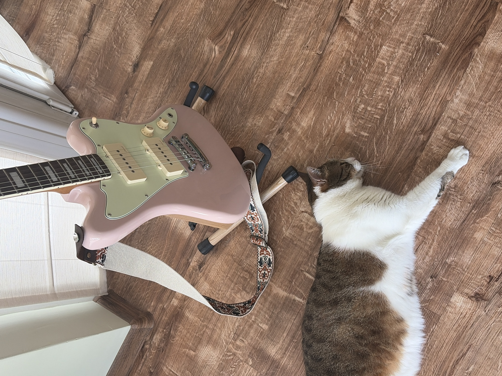A pink electric guitar rests on a stand on a wooden floor. A guitar strap with a patterned design is attached to the guitar. A cat lies on the floor next to the guitar. The room appears to be a home with a wall and a window in the background.