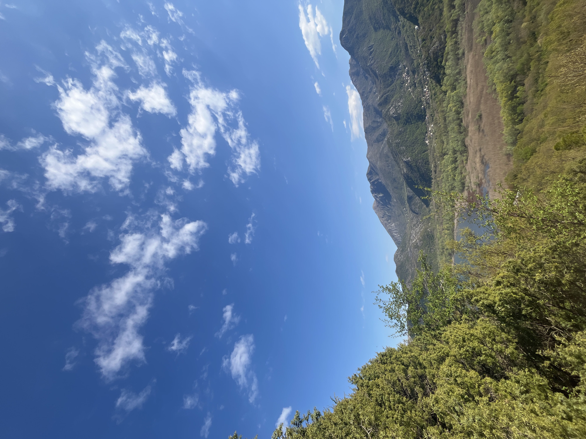 The image depicts a landscape with a blue sky featuring scattered white clouds. On the right side, a mountain range is visible with greenery and a small village nestled against the mountainside. Below the mountains, there is a marshy area with brown vegetation. In the foreground, green foliage of shrubs and trees is present, partly obscuring the view. The location is likely Godinje, Montenegro, as inferred from the prompt.