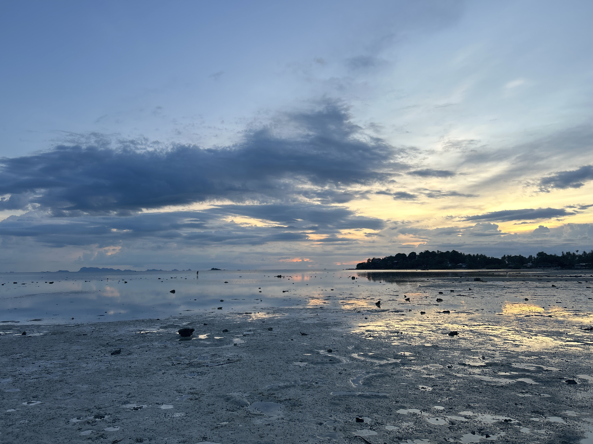 This media file depicts a serene coastal scene at dusk in Koh Phangan, Thailand. The sky is a gradient of soft blues and grays, with dramatic, dark clouds interspersed with streaks of warm yellow and orange light near the horizon, indicative of either sunrise or sunset.
The foreground is a muddy, rocky shoreline, reflecting the subdued light of the sky. Numerous small puddles and wet patches of sand create a mirror-like surface, reflecting the clouds and the distant landscape. Scattered rocks of various sizes dot the beach, some submerged in the shallow water.
In the middle ground, a calm body of water stretches towards a distant coastline. The water is smooth and reflective, mirroring the sky and the faint silhouettes of islands or landmasses on the horizon. A single, small figure, possibly a person, stands on the wet sand in the distance, adding a sense of scale to the expansive view.
The background features a dark, tree-lined coastline dotted with what appear to be small buildings, suggesting a settlement. The overall mood is peaceful and tranquil, evoking a sense of calm and reflection. The time of day is clearly either dawn or dusk, with the soft, diffused light and the colors in the sky and water characteristic of these transitional periods. There is no visible text in the image.