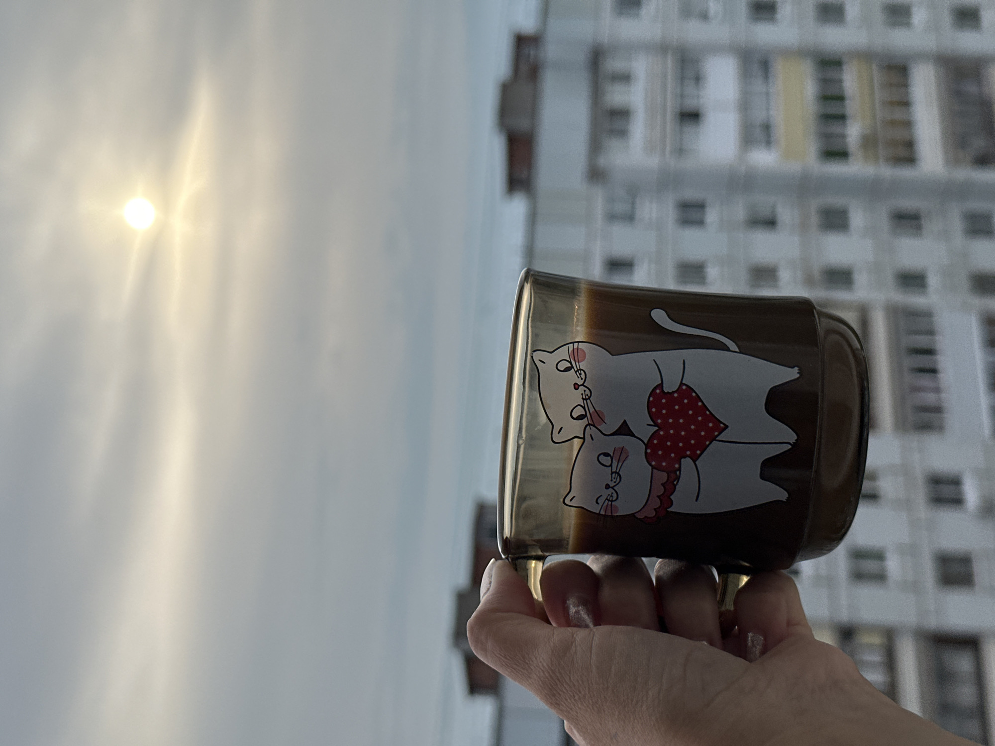 A close-up, vertical shot shows a person's hand holding a brown mug outdoors. The mug features an illustration of two white cartoon cats embracing, one holding a red heart with white polka dots. The mug appears to contain a dark beverage, possibly coffee or tea. The person's hand has light-colored nail polish, with one finger having a glittery finish.
In the background, a bright, somewhat diffused sun is visible through a cloudy sky, suggesting either early morning or late afternoon. Behind the hand and mug, a multi-story residential building with numerous windows is blurred, indicating an urban or suburban setting. The perspective suggests the photo was taken from a balcony or an elevated window. The overall scene conveys a quiet moment, perhaps enjoying a warm drink while looking out at the surroundings in Chaikovsky, Russia. There is no visible text.