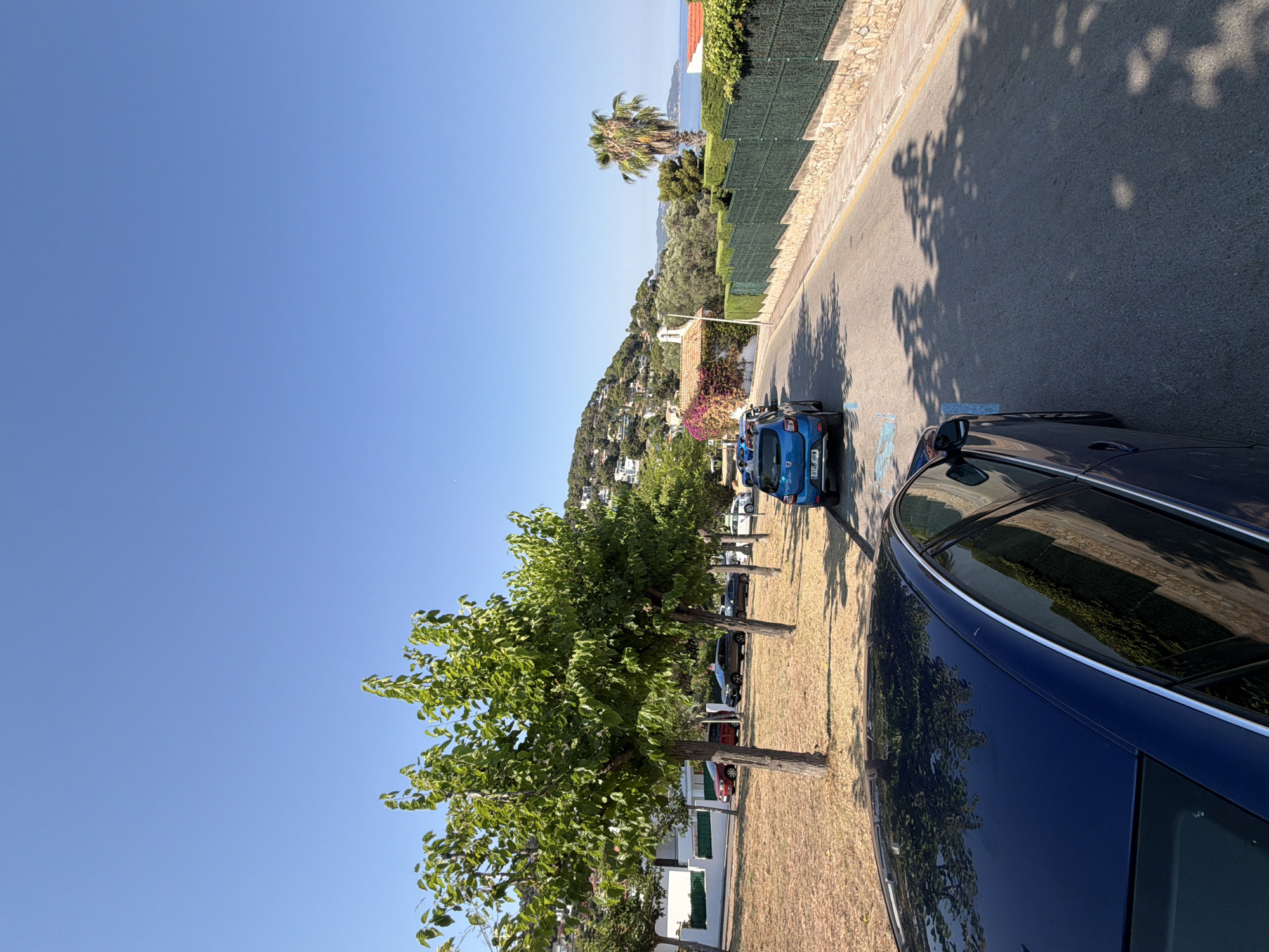 The image depicts a sunny day scene in Blanes, Spain. A blue car is parked on the side of a paved road. In the foreground, the roof and side of a dark blue car are visible, reflecting tree shadows. Across the road, a line of trees with green foliage stands on a dry, grassy area adjacent to a white building. Further down the road, other cars are parked. A stone wall with a green fence on top runs along the right side of the road, separating it from a hillside covered with houses and vegetation. A palm tree is visible near the top of the hill, with the sea in the background. The sky is clear and blue.