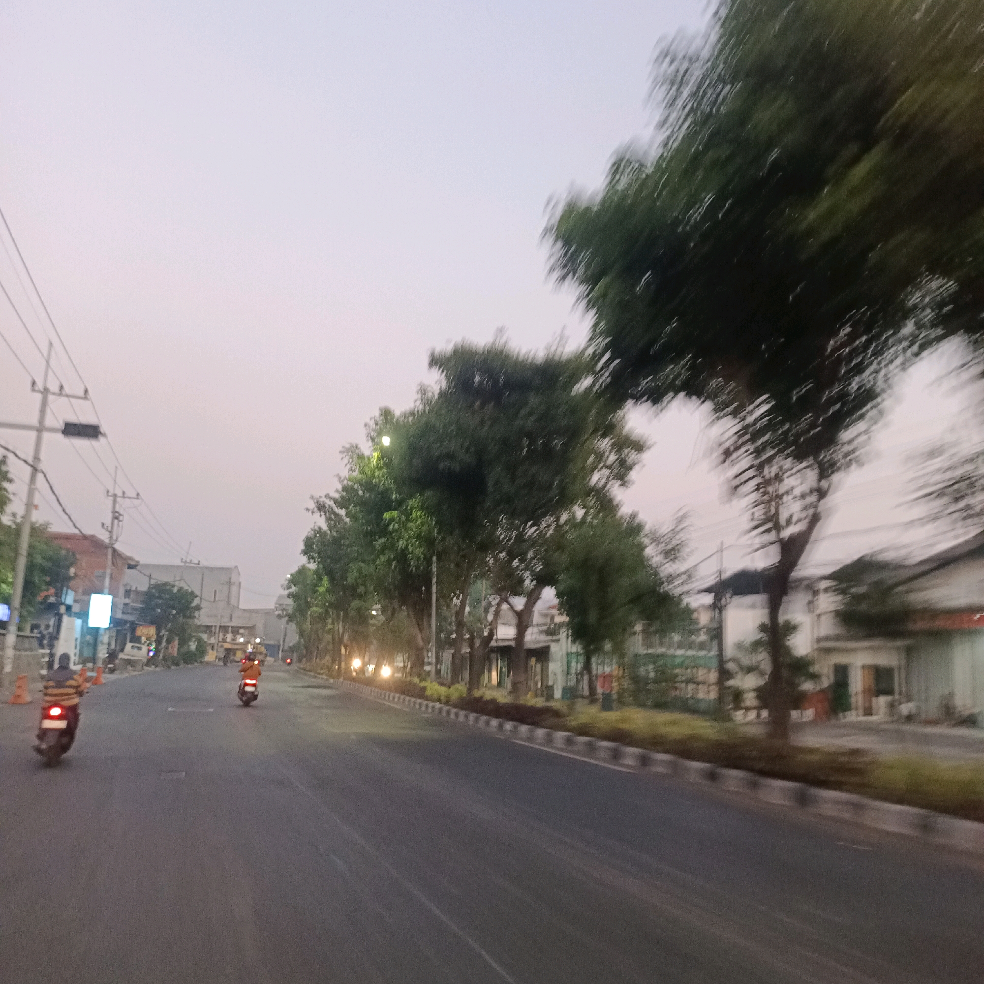 The image depicts a street scene in Surabaya, Indonesia, possibly taken during dusk or early morning given the low light and pastel sky. The perspective suggests the photo was taken from a moving vehicle, likely a motorbike, as evidenced by the motion blur, particularly in the trees lining the road.
The road itself is asphalt, with visible lane markings. On the left side of the road, there are utility poles with numerous wires, a traffic light, and some buildings, including what appears to be a commercial establishment with illuminated signage. Further down the road on the left, a person on a motorbike, wearing a striped shirt, is visible, their motorbike's taillight illuminated.
On the right side of the road, a row of trees with dense foliage creates a green barrier. Some of these trees show significant motion blur. Behind the trees, several buildings are visible, some appearing to be residential or commercial with their windows and facades partially obscured. Streetlights are also visible along the right side of the road, casting a warm glow.
Further down the road, on the right lane, another person on a motorbike is seen, also with their taillight on. The overall impression is a typical urban street in Surabaya, busy with traffic even in the low light conditions, surrounded by a mix of infrastructure and greenery. The motion blur indicates a dynamic scene, captured while in transit.