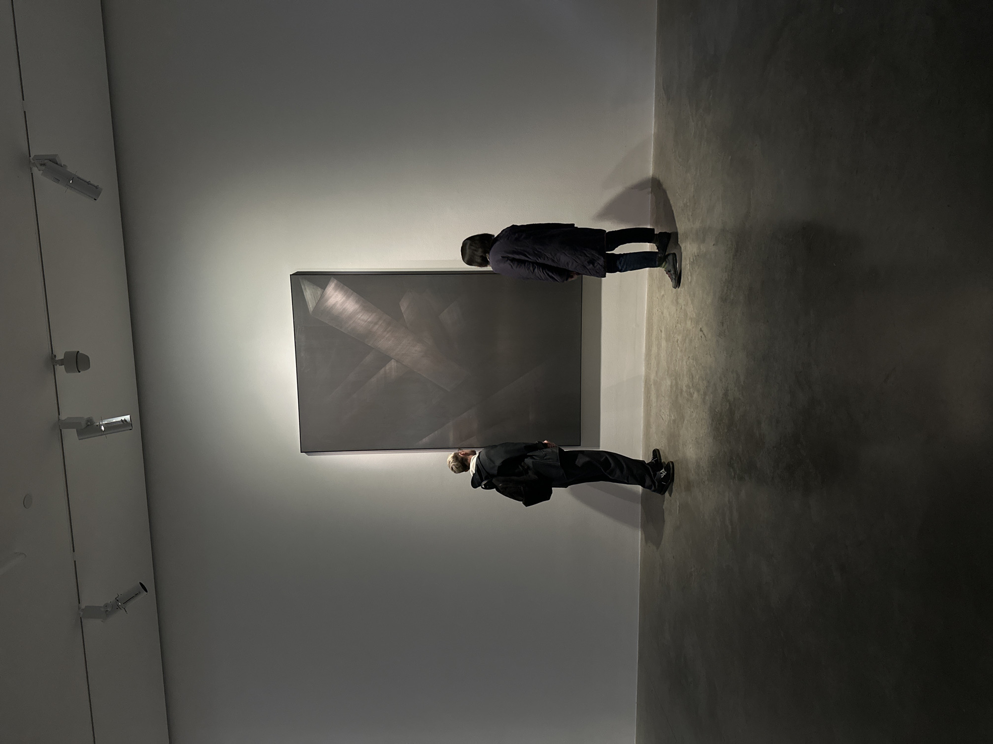 Two individuals are observing a large, rectangular abstract painting displayed in a minimalist art gallery. The painting, positioned centrally on a light grey wall, features predominantly dark grey tones with intersecting lighter geometric planes creating a sense of depth. It is prominently lit by multiple white spotlights from a ceiling-mounted track lighting system. The gallery space features clean, light grey walls and a dark grey concrete floor.
On the left, a male individual with short blonde hair, wearing a dark jacket, dark trousers, and a black backpack, stands facing the artwork. On the right, another adult, with medium-length dark hair, dressed in a dark, long coat and dark trousers, stands further back and to the right, also facing the painting. Both individuals are focused on the artwork, with no visible interaction between them. The environment is consistent with a contemporary art exhibition, specifically resembling the display areas within Tate Modern, located in London, United Kingdom.