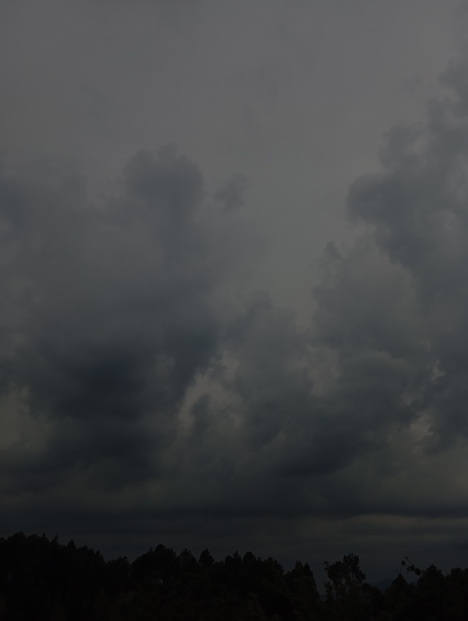 The image shows a stormy sky over Lassan, Pakistan. Dark, heavy clouds fill most of the frame, suggesting an impending or ongoing storm. At the bottom of the image, the silhouette of trees is visible, indicating a forested or vegetated area. The overall scene is dark and ominous due to the overcast sky and the lack of light. No people, specific objects, or actions are visible.