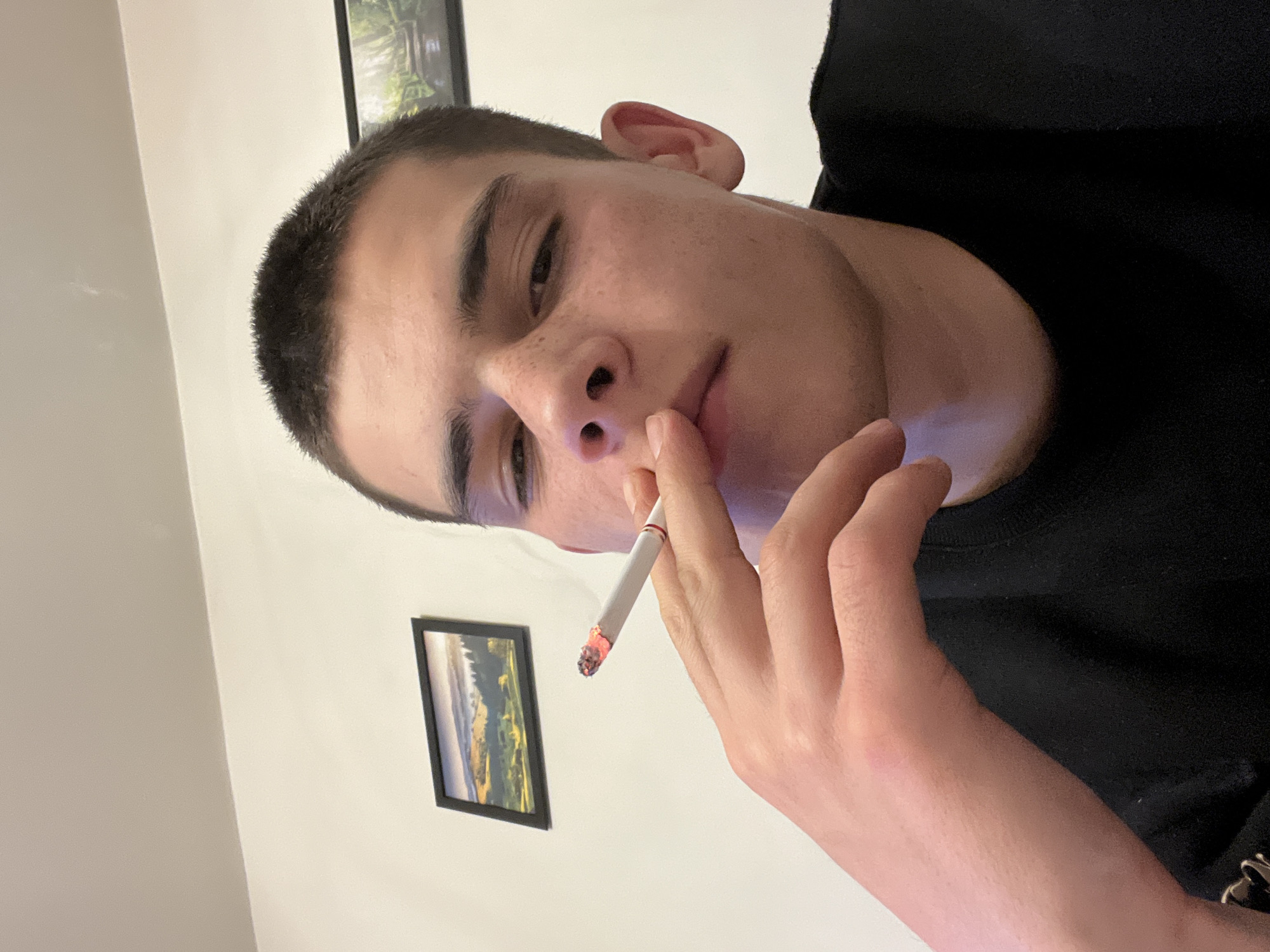 A young man is holding a lit cigarette to his lips. He has short, dark hair and fair skin with some freckles. He is wearing a black shirt. The background is a white wall with two framed pictures. The pictures appear to be landscape scenes. The setting appears to be indoors. This image does not contain enough information to place the location in Plovdiv, Bulgaria.