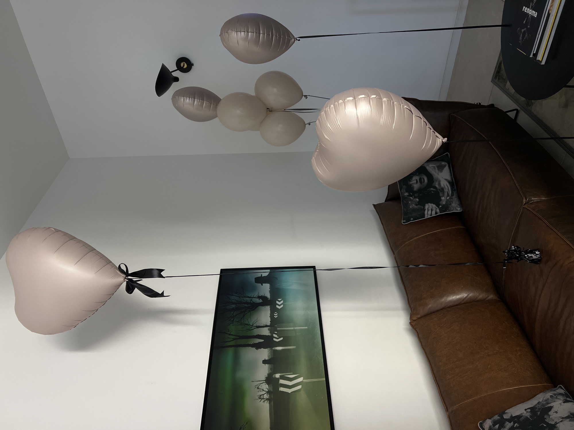 A modern, minimalist living room is depicted in this interior photograph taken in Tel-Aviv, Israel. The primary subjects are a cluster of large, pale pink and grey balloons, some heart-shaped and others oval, tethered by black ribbons. One large heart-shaped balloon is prominently displayed in the foreground, appearing to float against a white wall. Another cluster of balloons, including a large heart-shaped one, is visible further back, connected by black ribbons that stretch across the room and attach to a dark leather couch.
The setting includes a sleek, brown leather sectional couch with decorative pillows. A black circular coffee table with books is visible in the background, and a framed artwork, depicting a landscape with trees and road signs, hangs on the white wall. The lighting suggests it's daytime, with soft illumination highlighting the balloons and the textures of the furniture. The overall atmosphere is sophisticated and clean, with a touch of festive decor from the balloons. The image captures a moment of elegant interior design, possibly for a celebration or a stylish home setting. Visible text on a book on the coffee table reads "renoma".