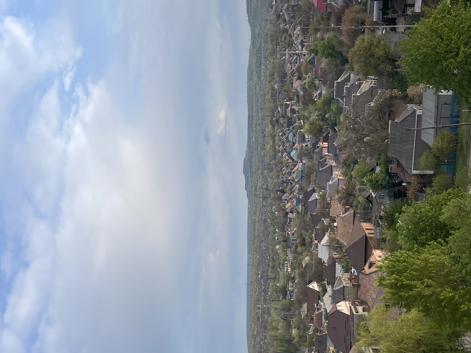 The image shows an aerial view of a densely populated residential area in an unknown city. The scene is divided between a cloudy sky on the left and a landscape filled with houses and trees on the right. The houses are mostly small and medium-sized, with a mix of roof colors (brown, grey, and some colored). Numerous trees, predominantly green, are scattered among the houses, partially obscuring some structures. The terrain is somewhat hilly, as evidenced by the variation in elevation across the built-up area. The overall impression is of a residential neighborhood with a high density of housing and ample vegetation. The weather appears overcast.