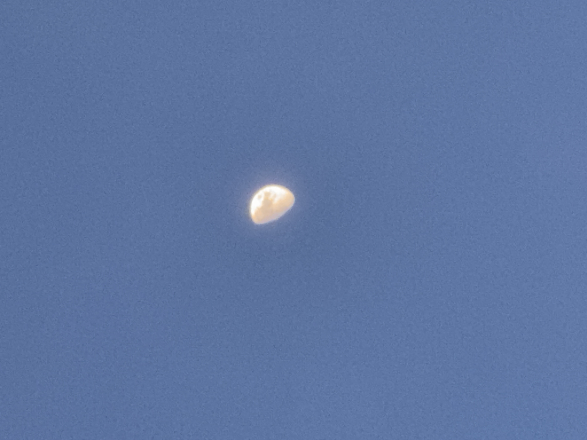 A daytime shot shows a crescent moon in a blue sky. There are no other objects visible in the image. Location information (Sarnevo, Bulgaria) is not supported by the visual data.
