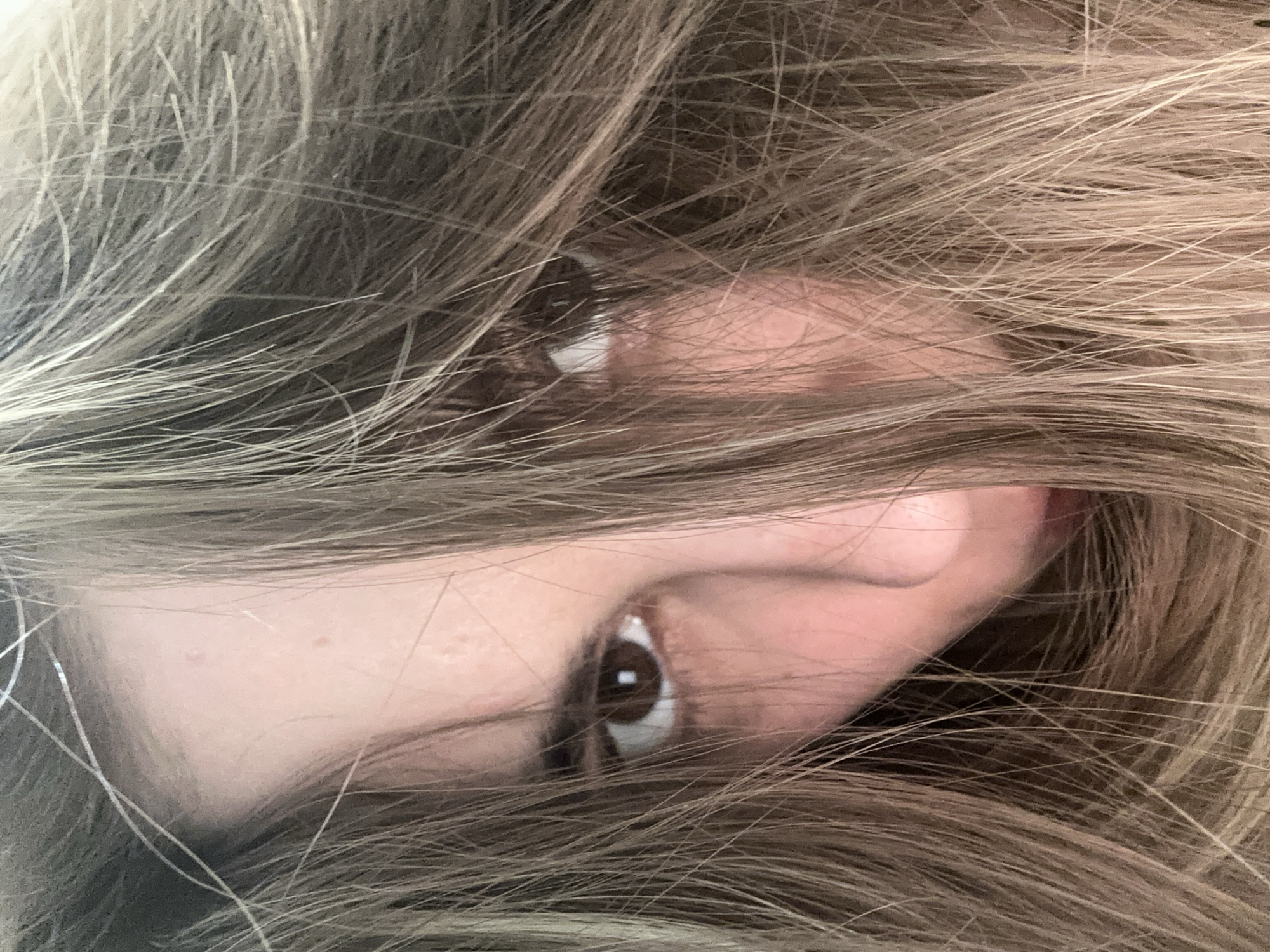 This is a close-up, eye-level, frontal shot of a person's face, with their long, light brown hair partially obscuring their features. The hair is styled in loose waves and falls forward, covering the forehead and sides of the face. Only the eyes, a portion of the nose, and the mouth are clearly visible. The person's eyes are wide open and looking directly at the camera, with a serious or intense expression. The lighting is soft and natural, casting subtle shadows on the face. The background is indistinct and appears to be a plain, light-colored surface. There is no indication of a specific location within Moscow, Russia, or any other environmental context.