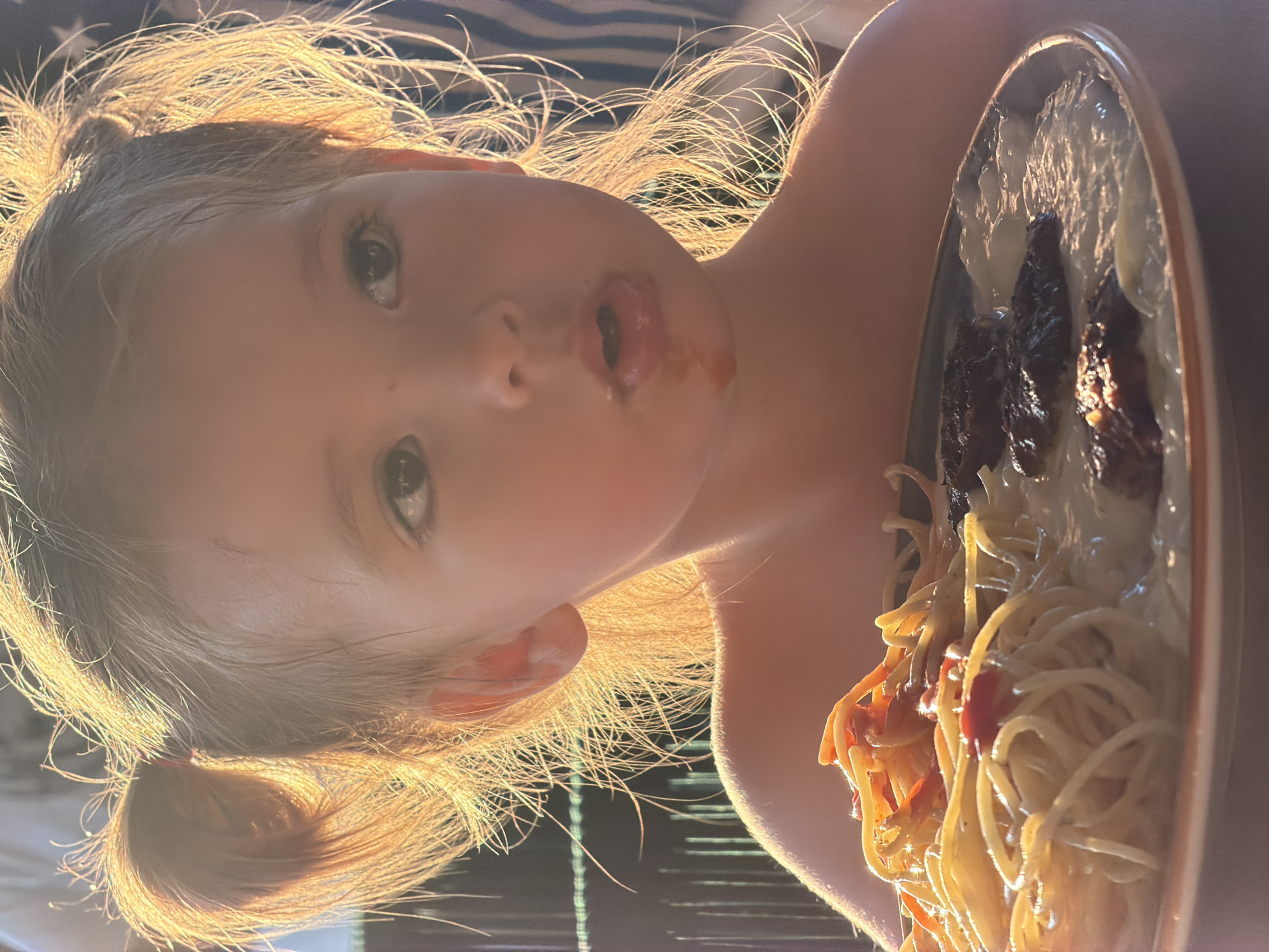A young child with blonde hair styled in pigtails is holding a plate of spaghetti. The child's face is partially obscured by sunlight, which also illuminates their hair. The spaghetti on the plate appears to be served with a creamy sauce and pieces of meat. The child is likely outdoors, as suggested by the natural lighting and the blurry background that hints at a casual setting. The overall image captures a candid moment, possibly during a meal.