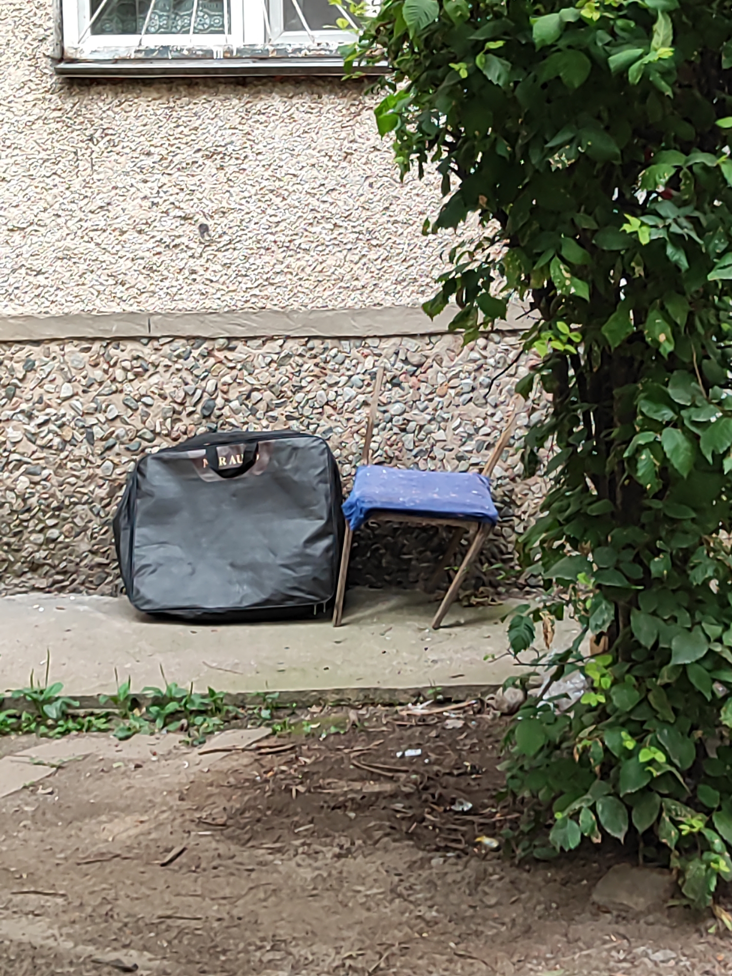 A dark grey duffel bag and a blue-cushioned folding chair are placed side-by-side on a concrete slab in front of a rough, beige-speckled wall. A tree with dense green foliage grows to the right of the scene. The ground in front of the concrete slab is dirt and scattered debris, with small green plants growing along the edge of the slab. A window with white framing and decorative metalwork is visible at the top of the wall. The overall scene suggests an outdoor, possibly urban, setting in Almaty, Kazakhstan.