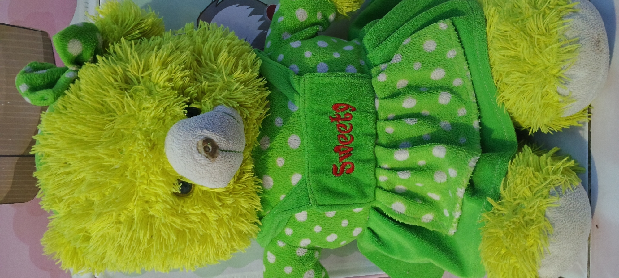 The image shows a close-up of a fluffy, lime-green teddy bear. The bear is wearing a green polka-dot dress with a bib that has the word "Sweety" embroidered in red. The bear's fur is long and shaggy, especially on its head and ears. The background is blurred, but appears to be a light-colored surface, possibly a wall and a shelf. The image does not provide any information about the location in the city of Rejing, Indonesia.