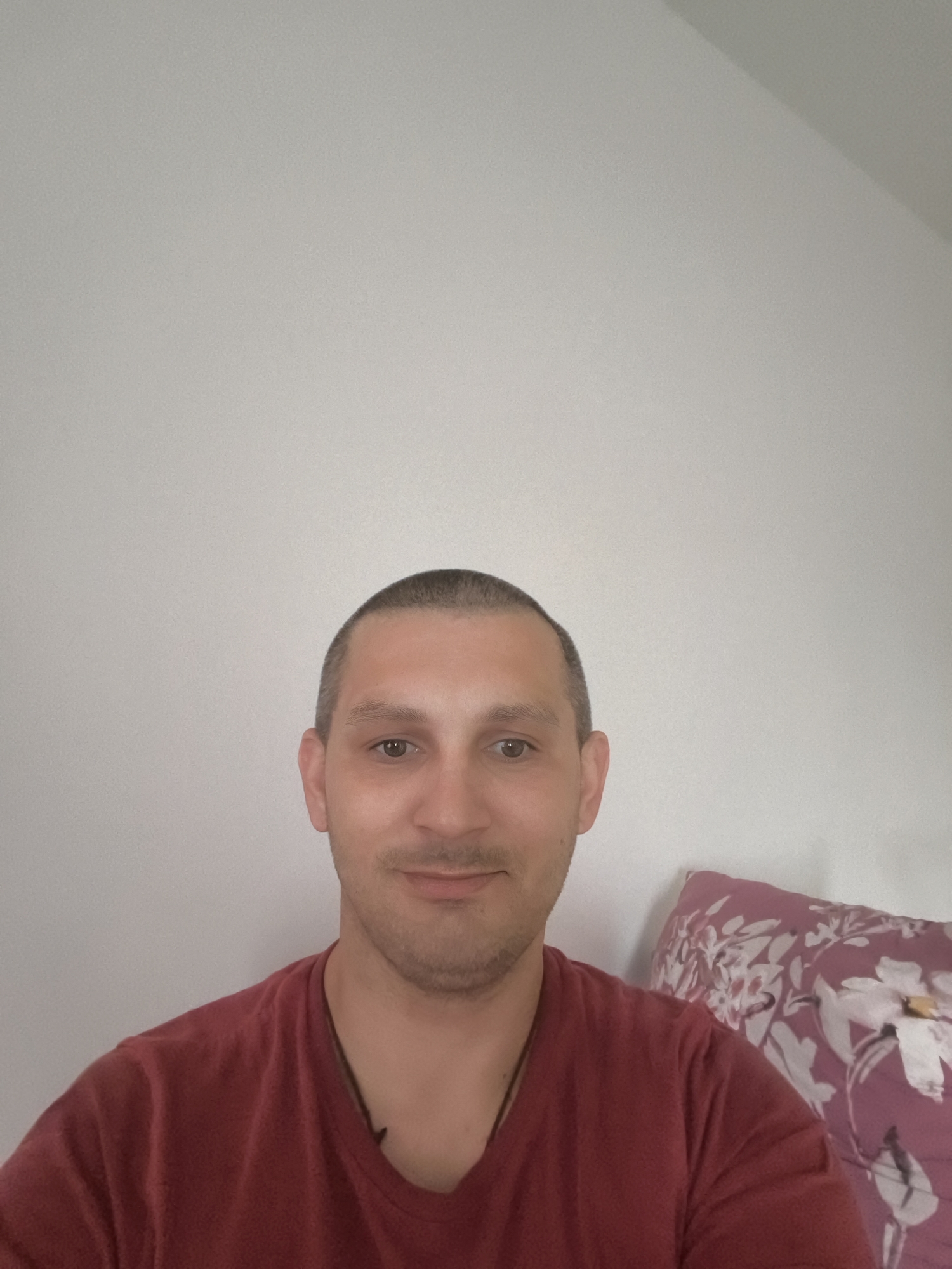 The image shows a man with short hair and a light beard, wearing a red t-shirt. He is looking at the camera with a slight smile. A floral patterned pillow is visible in the background to the right of the man. The background appears to be a wall. The image is a selfie taken indoors. It is not possible to determine the location in the city of Wolgast, Germany from this image.