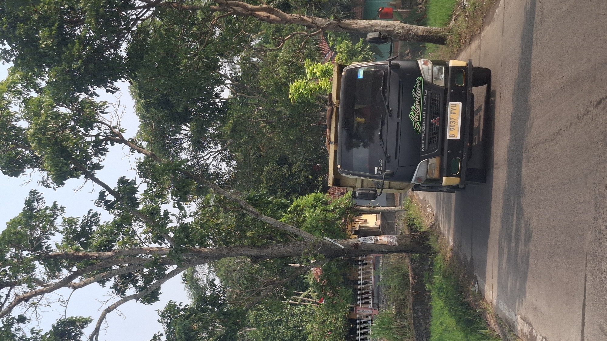 In the city of Cibinong Hilir, Indonesia, a black Mitsubishi Fuso truck is driving down a paved road lined with trees. The truck has a yellow license plate that reads "B 9037 FYU". On the front of the truck, the word "Adventure" is written in green lettering. The road is surrounded by lush greenery, including rice paddies and various trees. The sky is clear and bright, suggesting it is daytime. The scene appears to be a rural or semi-rural area of Cibinong Hilir, with houses visible in the background. The truck is the primary subject of the image, and it is captured from a frontal perspective.