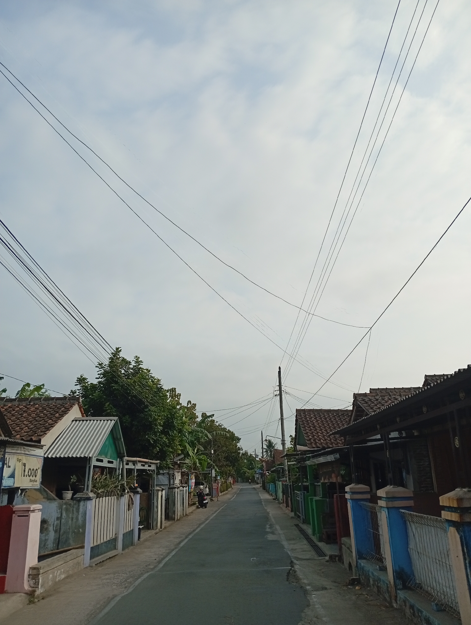A street view of a residential area with houses on both sides of a paved road. The sky is overcast. Power lines are strung across the sky. On the left side of the road, there are houses with tiled roofs and fences. One house has a sign that reads "Rp 1.000 / Bingkai". On the right side of the road, there are more houses with tiled roofs and colorful fences. A motorcycle is parked on the right side of the road, and a person is walking in the distance. The road appears to be a typical street in a village or small town.