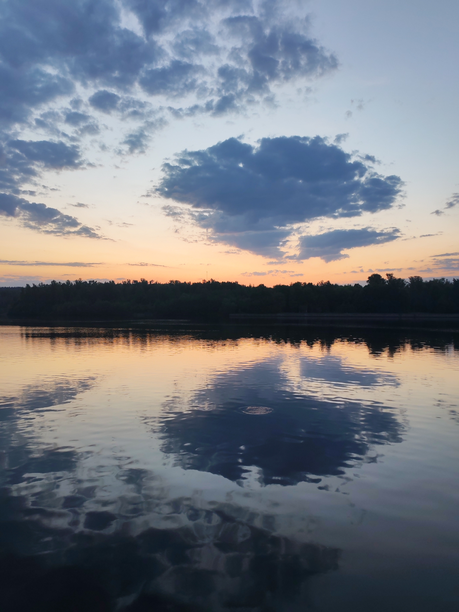 The image presents a serene scene of a body of water, likely a lake or a wide river, reflecting the sky above. Above the horizon is a line of trees. The sky is colored with the hues of a sunset or sunrise, transitioning from a light orange near the horizon to a soft blue higher up. There are scattered clouds in the sky, and their shapes are mirrored in the water, creating a symmetrical pattern. The overall impression is one of tranquility and natural beauty. The location is likely near Ermolino, Russia, based on the image title.