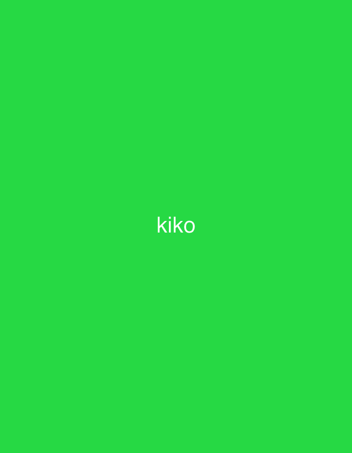 The image displays a solid, vibrant green background. Centered on this green field, the word "kiko" is written in white, lowercase, sans-serif text. The provided crops offer closer views of different sections of this composition, confirming the plain green background and the white text. There are no people, objects, or specific scenes depicted beyond this graphic design. No activity or event is taking place, and there are no discernible cues for time of day, weather, or physical location within the image itself. The overall impression is minimalist and text-focused.