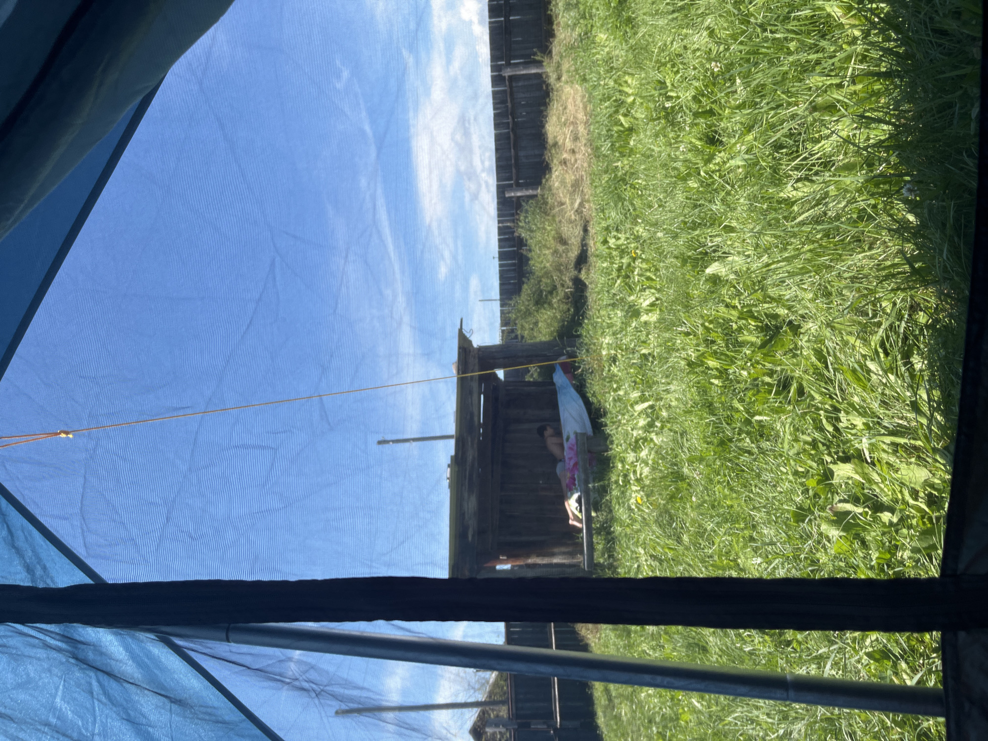 A person lies on their stomach on a tarp in front of a wooden structure in a grassy outdoor area under a clear blue sky. The structure appears to be a lean-to or shed with a weathered wooden roof and walls. A dark wooden fence runs horizontally across the background. The foreground is dominated by tall green grass. The image is taken from inside a tent, with the blue mesh of the tent fabric visible in the foreground.