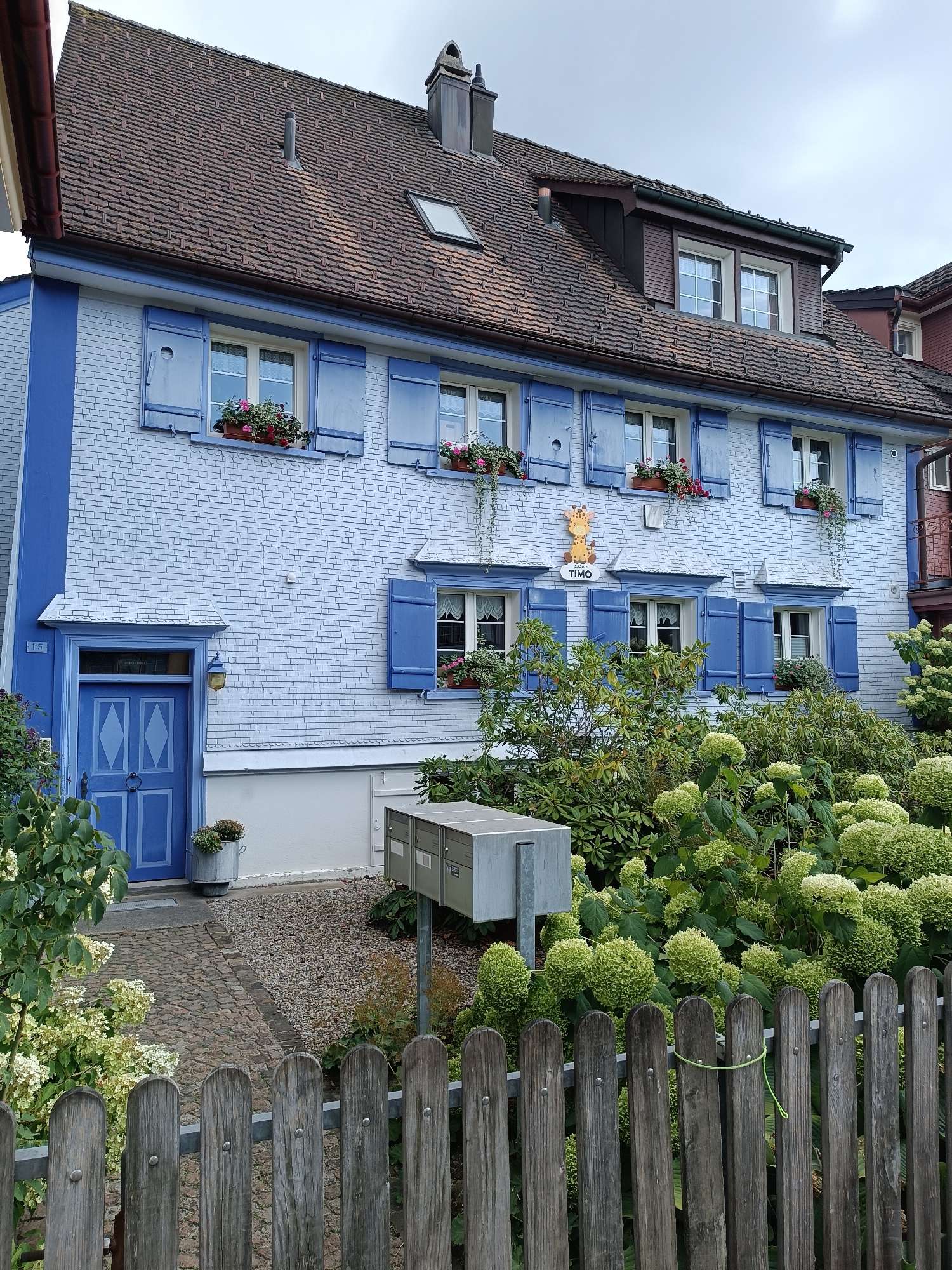 The image shows a light blue, two-story house with a brown tiled roof, located in the city of Appenzell, Switzerland. The house has numerous windows with bright blue shutters, some of which are open, revealing white lace curtains. Flower boxes with red and pink flowers are placed on the windowsills. Above the front door, which is also blue with diamond-shaped panes, there is a yellow sign with a graphic of two giraffes and the name "TIMO" written in white. A metal mailbox unit is situated on the gravel pathway leading to the house. The front yard is filled with lush green foliage and bushes, with a rustic wooden fence in the foreground. The sky is overcast, suggesting a cloudy day. The overall scene depicts a well-maintained residential property.
