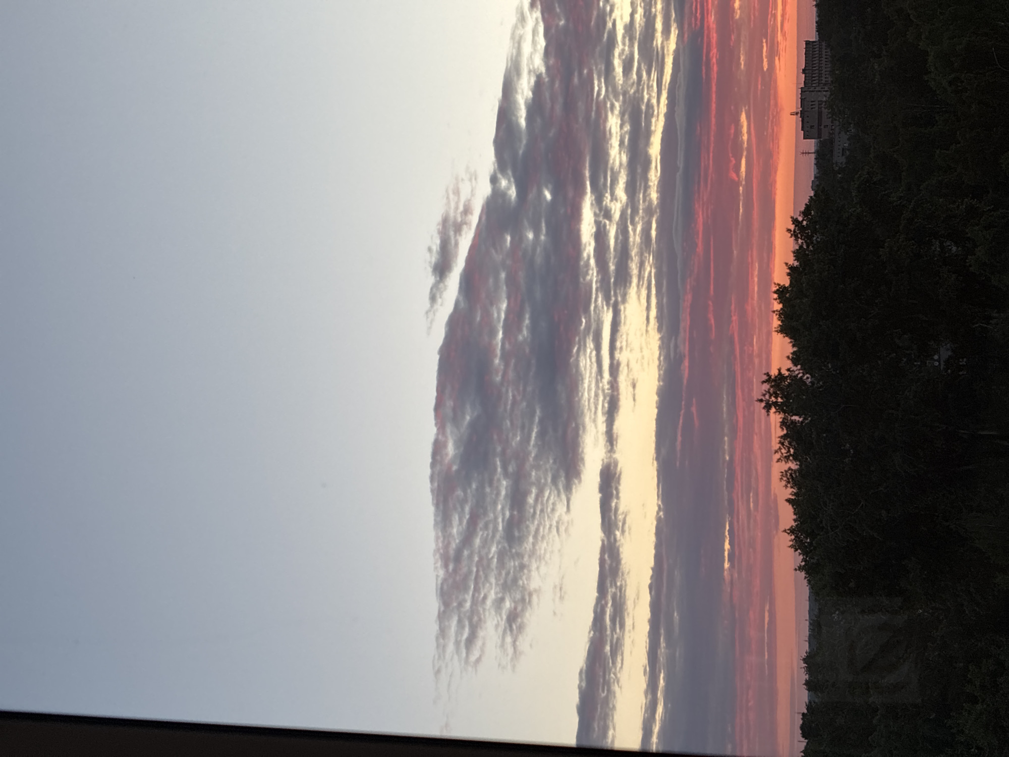 A dusky sky is visible above a dense tree line, with a large building on the right edge of the frame. The sky transitions from a pale blue at the top to hues of pink and orange closer to the horizon, indicating sunset. Clouds are present throughout the sky, some appearing wispy and others more defined. The trees form a dark, silhouetted barrier across the lower portion of the image. A tall structure, possibly a utility pole, is visible behind the trees on the left. The building on the right is light-colored and appears to be a multi-story structure. The overall scene is a natural landscape at dusk.