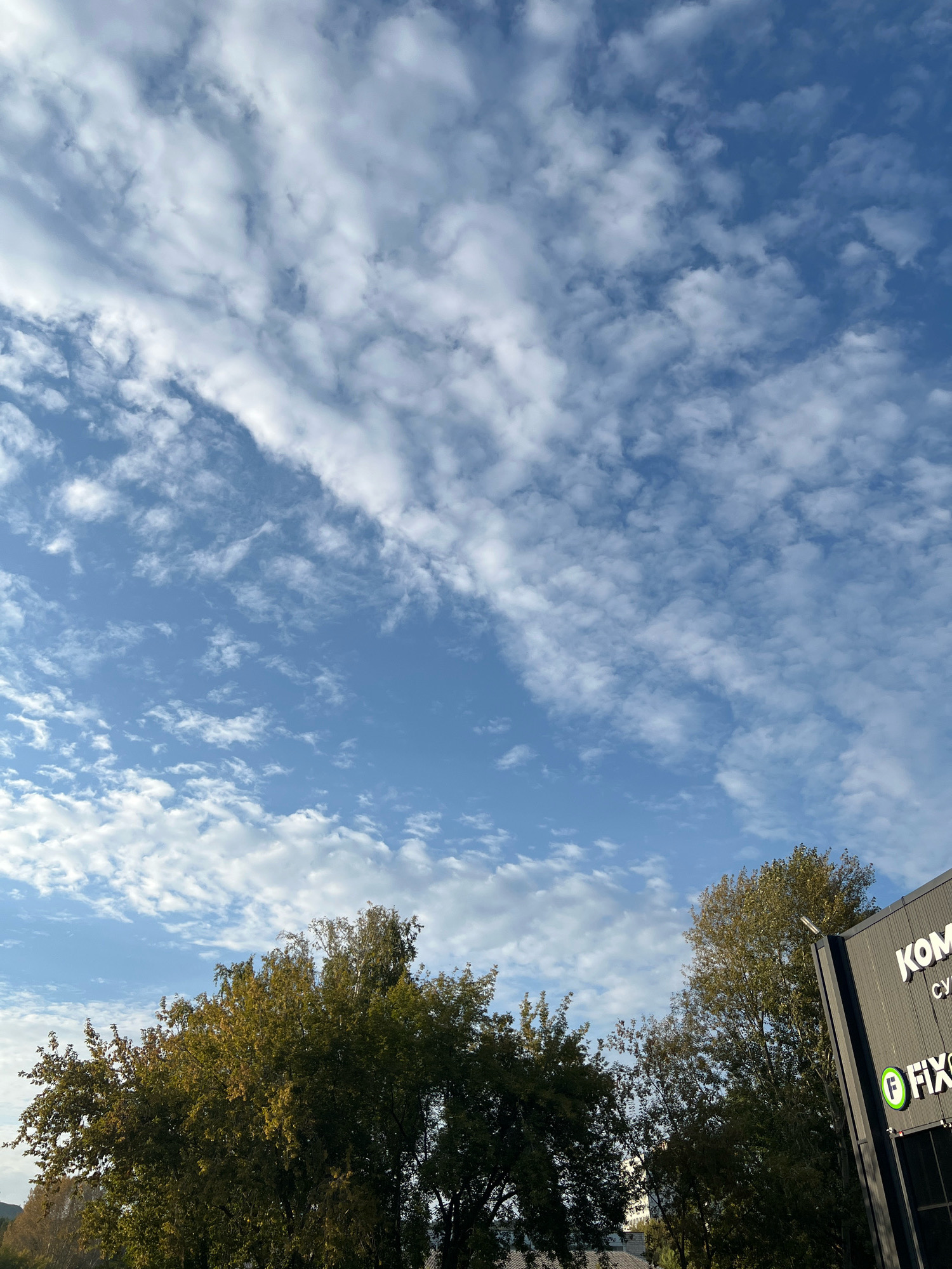 The image captures an outdoor scene with a bright blue sky filled with scattered white clouds. In the lower right portion of the frame, the corner of a modern building with a dark facade is visible, featuring white lettering that appears to say "KOM" and "CYP" above a circular green logo with the letters "FIX" inside. Lush green trees with autumnal foliage are prominent in the lower half of the image, some obscuring parts of the building. The overall setting suggests a clear day, possibly in the late afternoon given the angle of light. The presence of the building with Cyrillic lettering suggests the location is in Russia, and "Krasnoyarsk" as provided in the prompt, indicates the specific city.