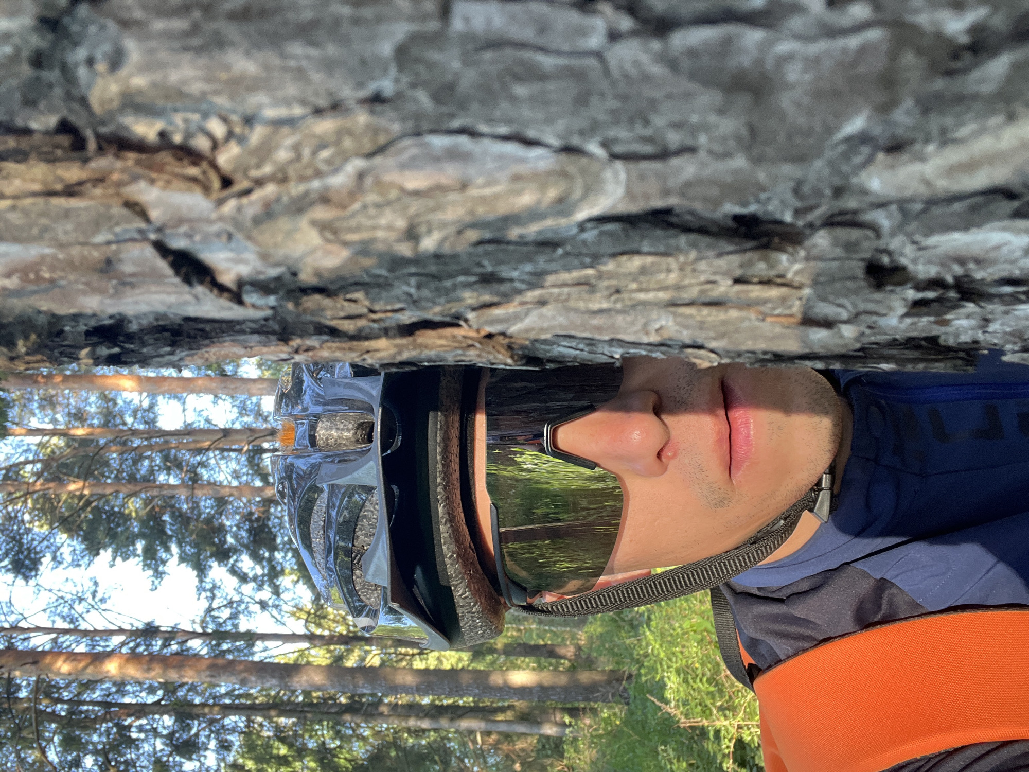 A close-up shot of a person, head-on, wearing a reflective silver bicycle helmet and sunglasses with a green reflection in the lenses. The person has short, dark hair and light skin. They are wearing a dark blue jacket and an orange strap over their shoulder. The background is split horizontally, with the top portion showing the rough texture of tree bark and the bottom portion showing a forest scene with tall trees. The image orientation is rotated so the person's head is turned to the side. Given the request to identify the location in Chaikovsky, Russia, it's not possible to pinpoint the exact location of the photo within that city without further context or landmarks.