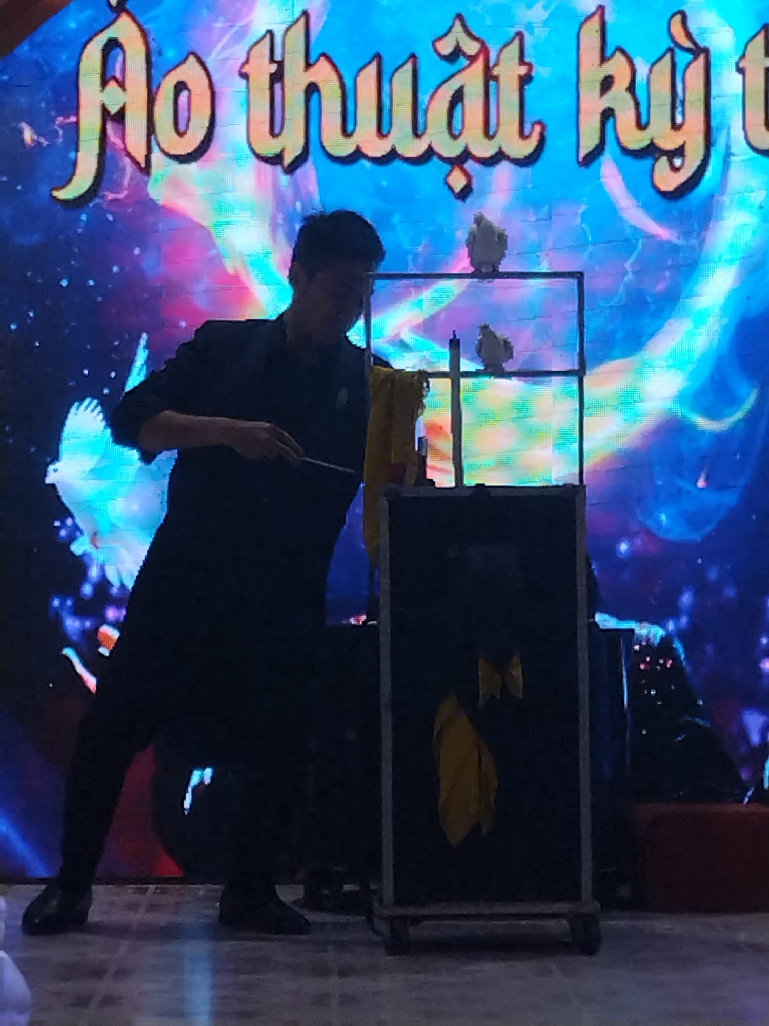 The image, taken in Hong Gai Ward, Vietnam, depicts a magician performing on a stage. He is wearing a dark shirt and pants and is holding a wand. He stands to the left of a black, wheeled box with a metal frame. Two white doves are perched on top of the frame. A yellow cloth hangs from the box. The backdrop is a brightly colored screen displaying the words "Ao thuat ky t." A simulated dove is also visible on the screen. The floor appears to be tiled.