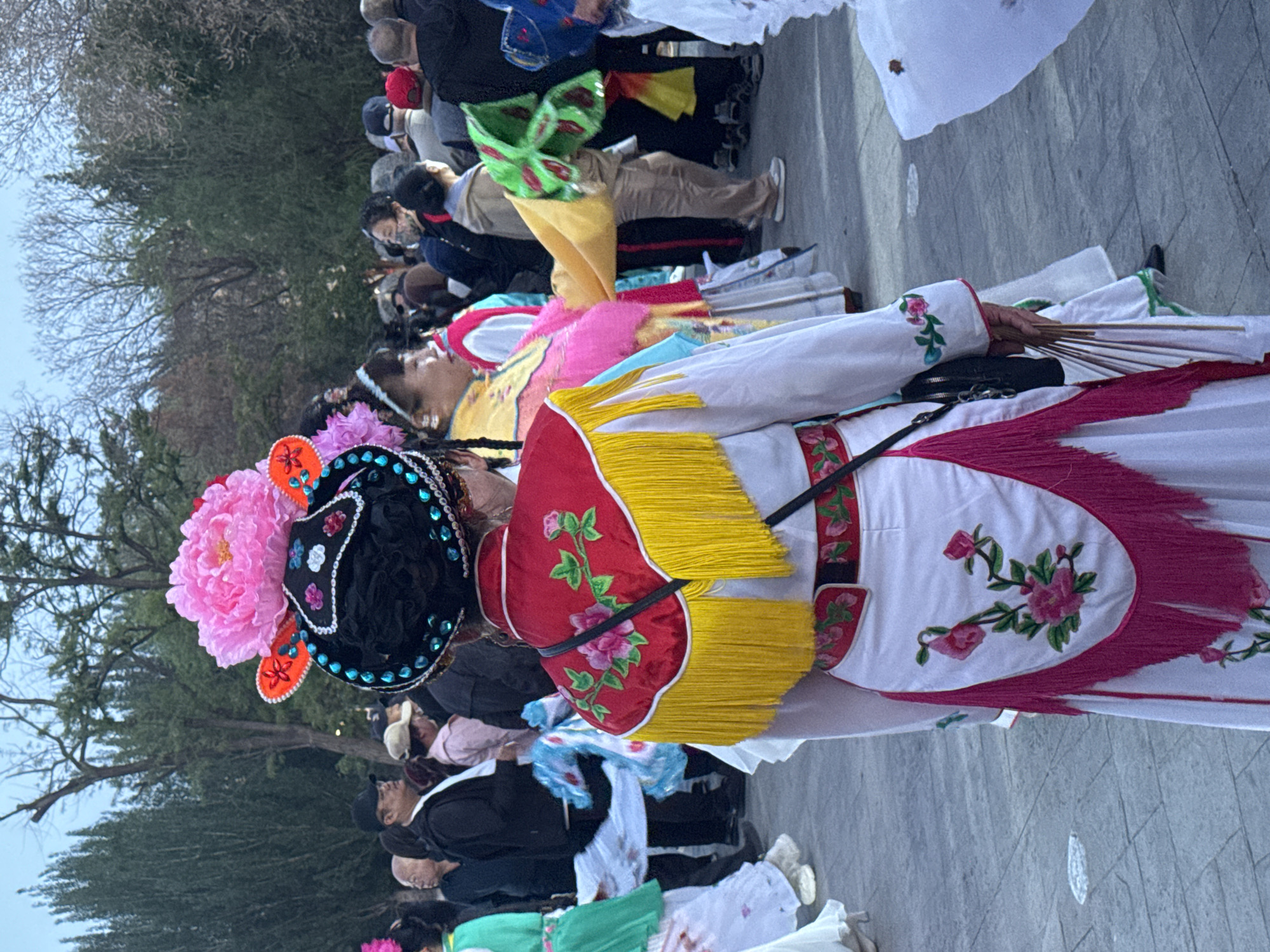 In Jinzhou, China, a group of people are gathered outside, possibly in a park or public square. The most prominent figure is a woman in traditional clothing with ornate embroidery and tassels. Her elaborate headdress features a large pink flower. Several other people are nearby, some in similar attire. The ground is paved with gray stone. The sky is overcast. Trees with bare branches are visible in the background.