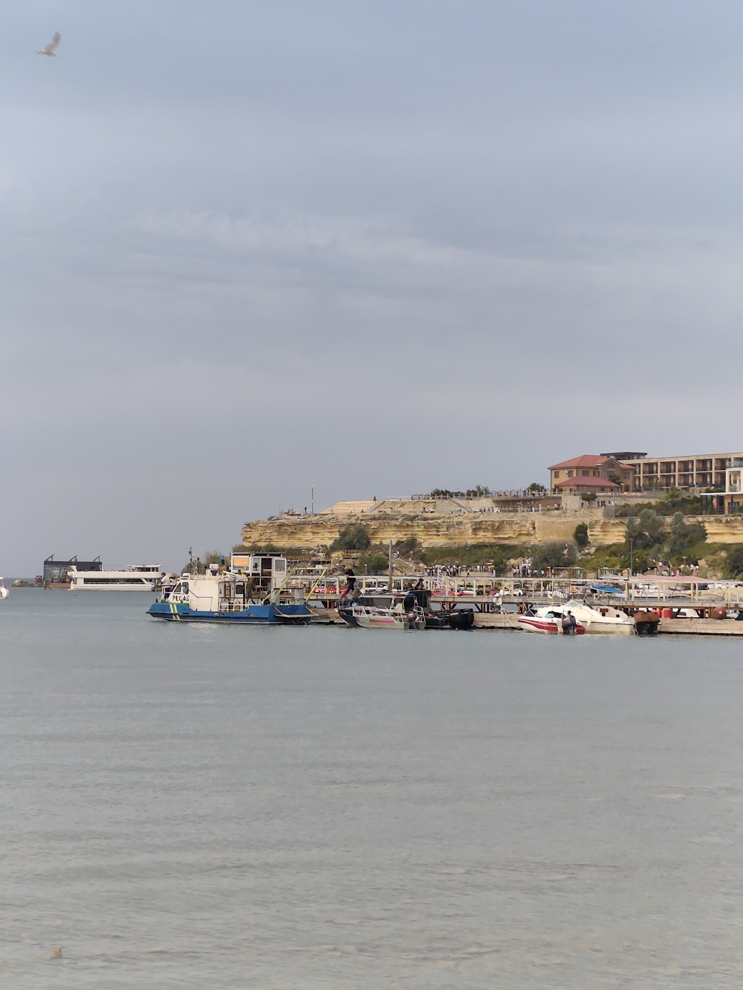 In Aktau, Kazakhstan, this image captures a scene at the seashore featuring a picturesque cliffside adorned with buildings and a bustling pier. In the foreground, the calm sea water gently laps against a wooden pier where several boats are docked. One of these boats, a blue and white vessel labeled "PEGAS," appears to be a ferry or passenger boat, possibly transporting people. Other smaller boats, including a white one with red accents, are also moored alongside. On the pier, numerous individuals are visible, some appearing to be passengers or workers. Beyond the pier, the landscape rises into a striking ochre-colored cliff face, upon which a hotel complex with a terracotta-tiled roof and multiple stories is situated. Terraced areas and pathways are visible on the cliff, suggesting public spaces or access points. Vegetation, including trees, dots the cliffside, adding a touch of greenery to the scene. In the distance, a larger white boat, possibly a ferry or a tour boat, is docked or cruising near the shore. The sky is overcast with soft, grey clouds. A single white bird is in flight in the upper left corner of the frame. The overall impression is one of a vibrant coastal area with a mix of natural beauty and human activity.