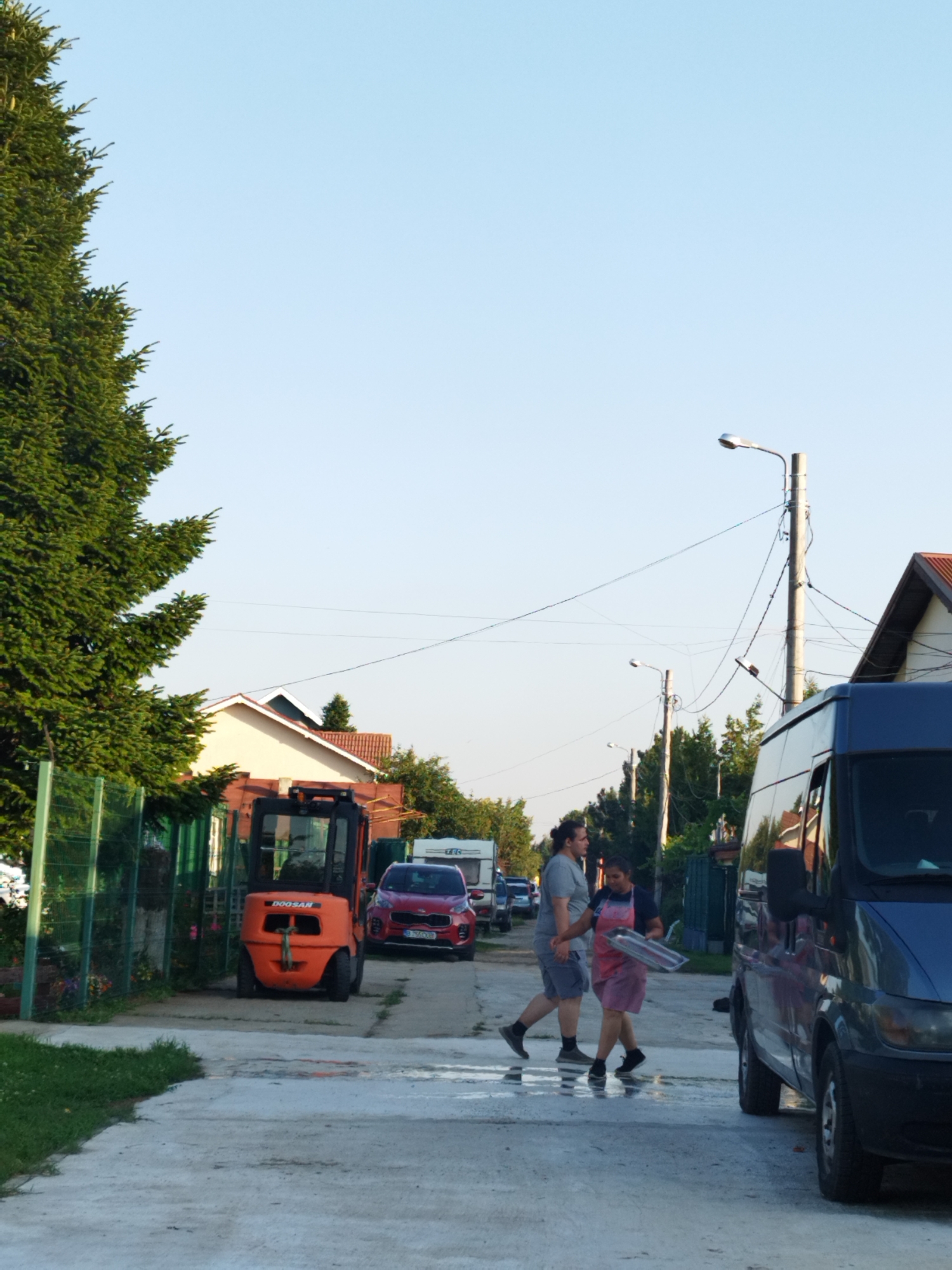 The image depicts a street scene in Bucharest, Romania, likely in a residential or semi-industrial area. The sky is clear and blue, suggesting it is daytime. On the left side of the frame, a large evergreen tree dominates the foreground, its branches dense and green. Behind the tree, a green mesh fence encloses a property with some vegetation and flowers.
In the middle ground, an orange DOOSAN forklift is parked on a paved surface. Further back, a red car is visible, and behind it, a white caravan or trailer. Several houses with tiled roofs are present in the background, some with visible windows and architectural details. Power lines and utility poles run across the scene, indicating the presence of infrastructure.
In the foreground, two individuals are crossing the street. A man, wearing a grey t-shirt and blue shorts, is walking on the left. A woman, wearing a pink apron over a dark top and shorts, is walking on the right, carrying a rectangular tray. They appear to be interacting as they walk. A blue van is parked on the right side of the street, partially obscuring the view of the houses behind it. The paved surface appears wet in patches, possibly from recent rain or cleaning.
