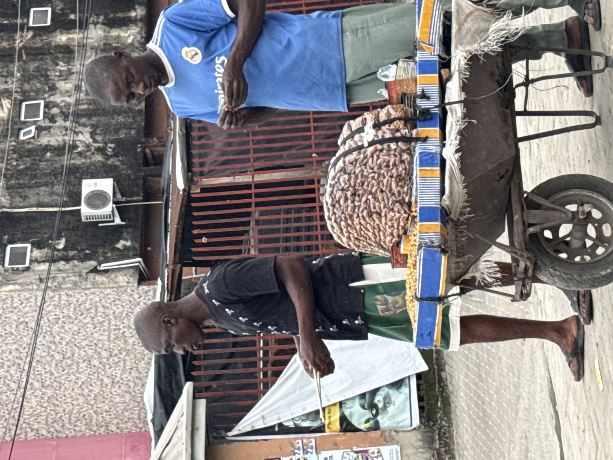 Two men stand beside a cart laden with nuts in Ado, Nigeria. The man on the left, wearing a black t-shirt with skull designs and green shorts, holds a stack of papers. The man on the right, dressed in a blue Real Madrid jersey and green pants, examines something in his hands. The cart, a weathered wheelbarrow, displays a large mound of nuts and smaller containers of goods. In the background, a building with a textured facade and barred windows is visible, along with a pink structure on the left. The scene appears to be on a street, indicated by the pavement.