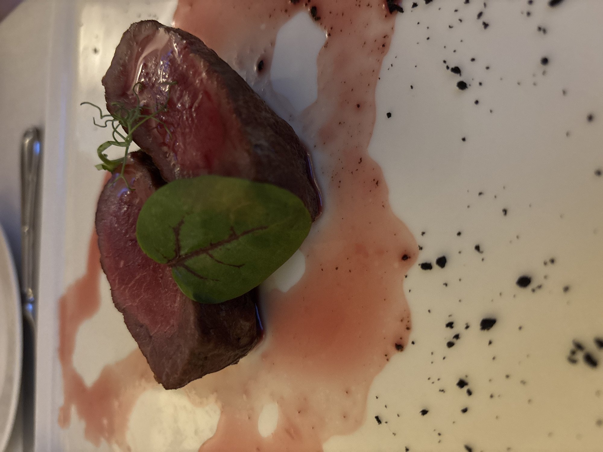 The image shows a close-up of a dish of cooked meat on a white plate. The meat appears to be beef, sliced into two pieces, with a dark red, medium-rare interior. A small green leaf, shaped like a heart, is placed on top of one of the meat slices. The plate is adorned with a reddish sauce, possibly a reduction or jus, which has been artfully drizzled around the meat. There are also scattered black specks, resembling pepper or herbs, on the plate and sauce. The lighting suggests an indoor setting, possibly a restaurant. The dish is presented on a white surface, and a blurred background shows what appears to be tableware. The composition is tight, focusing on the food item. The image was taken in Varna, Bulgaria.