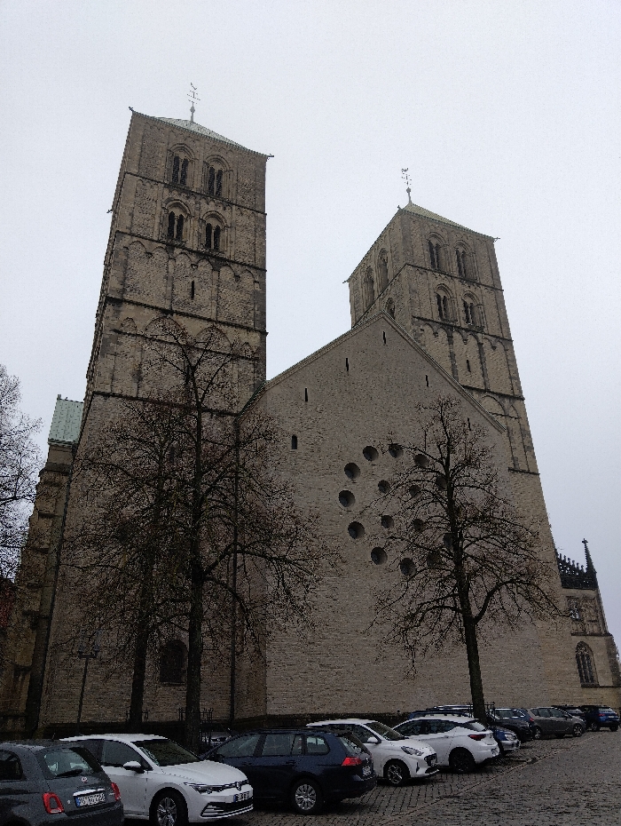 The image depicts the St. Paul's Cathedral (St. Paulus Dom) in Münster, Germany, under an overcast sky. The prominent westwerk of the Romanesque cathedral features two tall, square stone towers with multiple tiers of arched windows, each topped with a conical spire and a weather vane. The central section between the towers presents a large, unadorned light-colored stone facade, characterized by a symmetrical arrangement of twelve circular windows. To the left, a section of green-tiled roof is visible. Several bare deciduous trees stand in front of the cathedral, indicative of a colder season. In the foreground, a row of vehicles is parked on a cobblestone surface. From left to right, visible vehicles include a dark grey Fiat 500, a white Volkswagen Golf, a dark blue Volkswagen Golf Variant, a white Hyundai i20, and other less distinguishable cars extending into the distance along the building's side. No individuals are visible in the scene. The perspective is a low-angle shot, looking upwards at the cathedral.