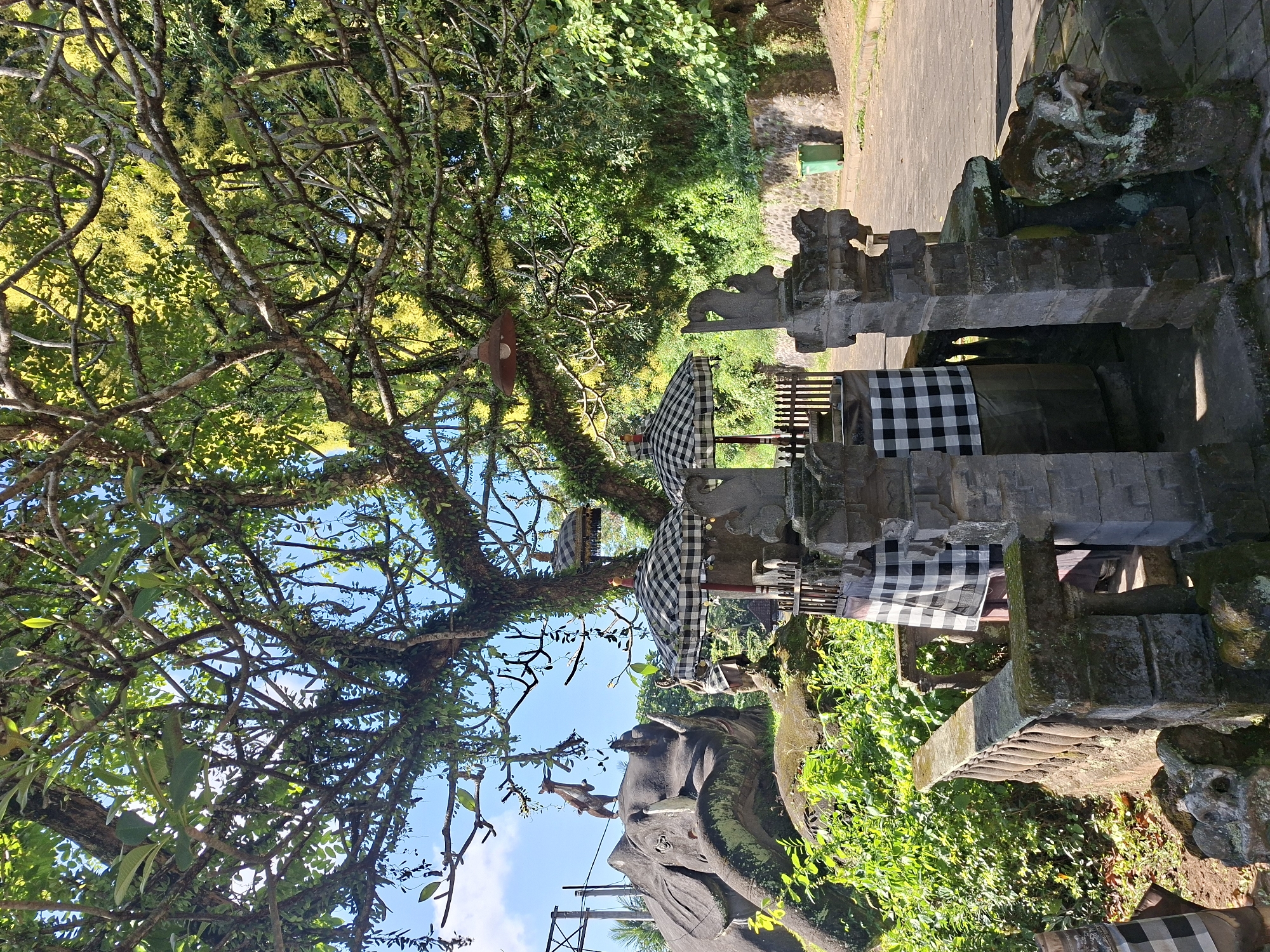 The image depicts an outdoor scene in Banjarangkan, Indonesia, under a bright sky and dappled sunlight filtering through the branches of a large, mature tree. The foreground features traditional Balinese stone carvings, including decorative pillars with intricate designs and a railing adorned with carved balusters. A black and white checkered fabric, characteristic of Balinese ceremonial attire, is draped over a section of the structure.
To the left of the foreground, a large, dark gray statue of an elephant is visible, seemingly made of stone or concrete. A smaller, stylized statue of a deer or antelope stands on the elephant's head, reaching towards the tree. Green foliage and moss grow around the base of the elephant statue.
In the middle ground, two checkered umbrellas, similar in style to the fabric seen in the foreground, provide shade over a central area. A statue of a figure, possibly a deity or guardian, is positioned between the umbrellas. Behind these elements, lush green vegetation dominates the landscape, with a stone wall and a paved pathway visible in the background, alongside a green trash receptacle. The overall impression is one of a tranquil, culturally significant outdoor space.