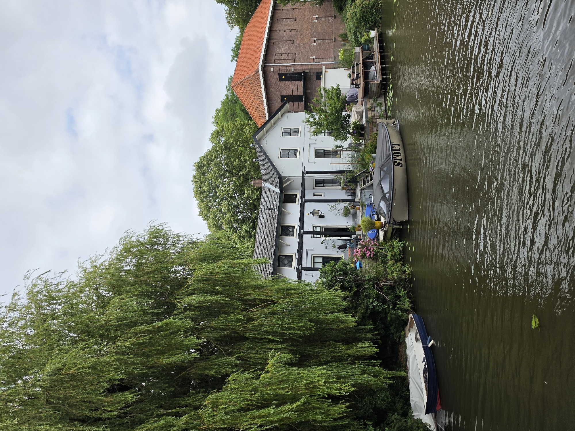 A view of a canal in Delft, Netherlands, shows several houses and boats. A large weeping willow tree dominates the left side of the frame, its branches cascading towards the water. In the background, a white house with a dark roof is visible, featuring a covered patio and several windows. To the right of the white house is a larger, red brick building with an orange tiled roof.
Along the canal's edge, there are several boats. The closest boat to the viewer is a dark-colored motorboat with a tan cover and the word "STOUT" printed on its side. Another smaller, blue and white boat is moored near the weeping willow. A wooden dock with picnic tables and chairs extends into the water from the right bank.
The canal water is dark and reflects the overcast sky. Water lilies are scattered across the surface. The scene depicts a tranquil waterside setting in Delft.