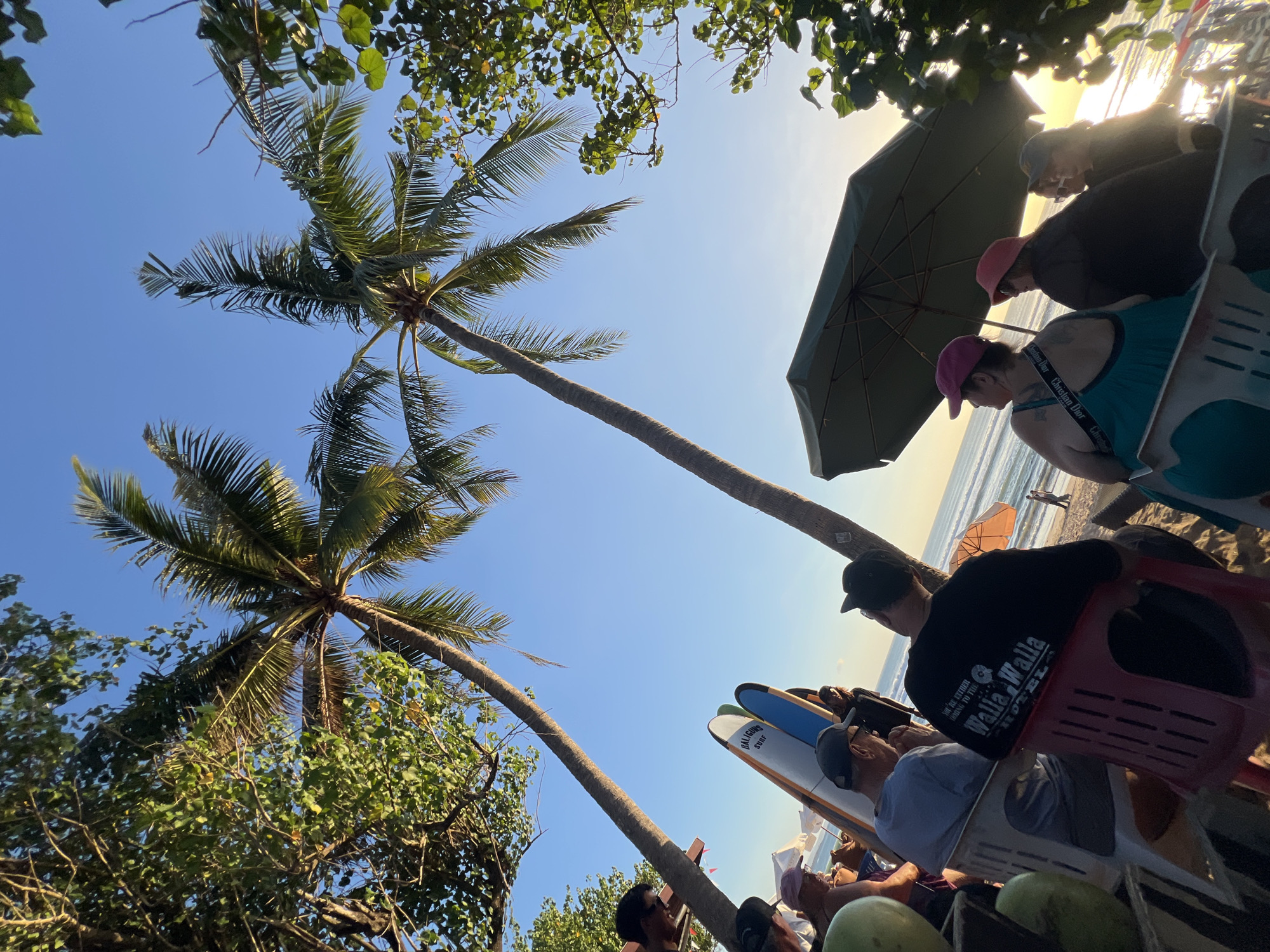 This is a low-angle, wide shot of a beach scene in Kuta, Indonesia. Two tall palm trees dominate the frame, with their fronds reaching towards the clear blue sky. In the foreground, several people are seated on chairs on the sandy beach, facing the ocean. They appear to be a group of tourists or locals enjoying a day at the beach.
To the left, two surfboards stand upright, leaning against some unseen support. The surfboards have "BALIGON SURF" printed on them, suggesting a local surf shop or school. One surfboard is white with blue accents, and the other is primarily blue.
A large, dark green umbrella is open and positioned behind the seated individuals, providing shade. The ocean stretches out to the horizon, with gentle waves visible. In the distance, a few people are walking along the shoreline, and a small, orange umbrella is also visible on the beach.
The light suggests it is either early morning or late afternoon, with a warm glow on the water. The overall atmosphere is relaxed and vacation-like. The presence of palm trees, surfboards, and the ocean strongly indicates a tropical beach location, consistent with Kuta, Indonesia, a well-known tourist destination famous for its surf beaches.