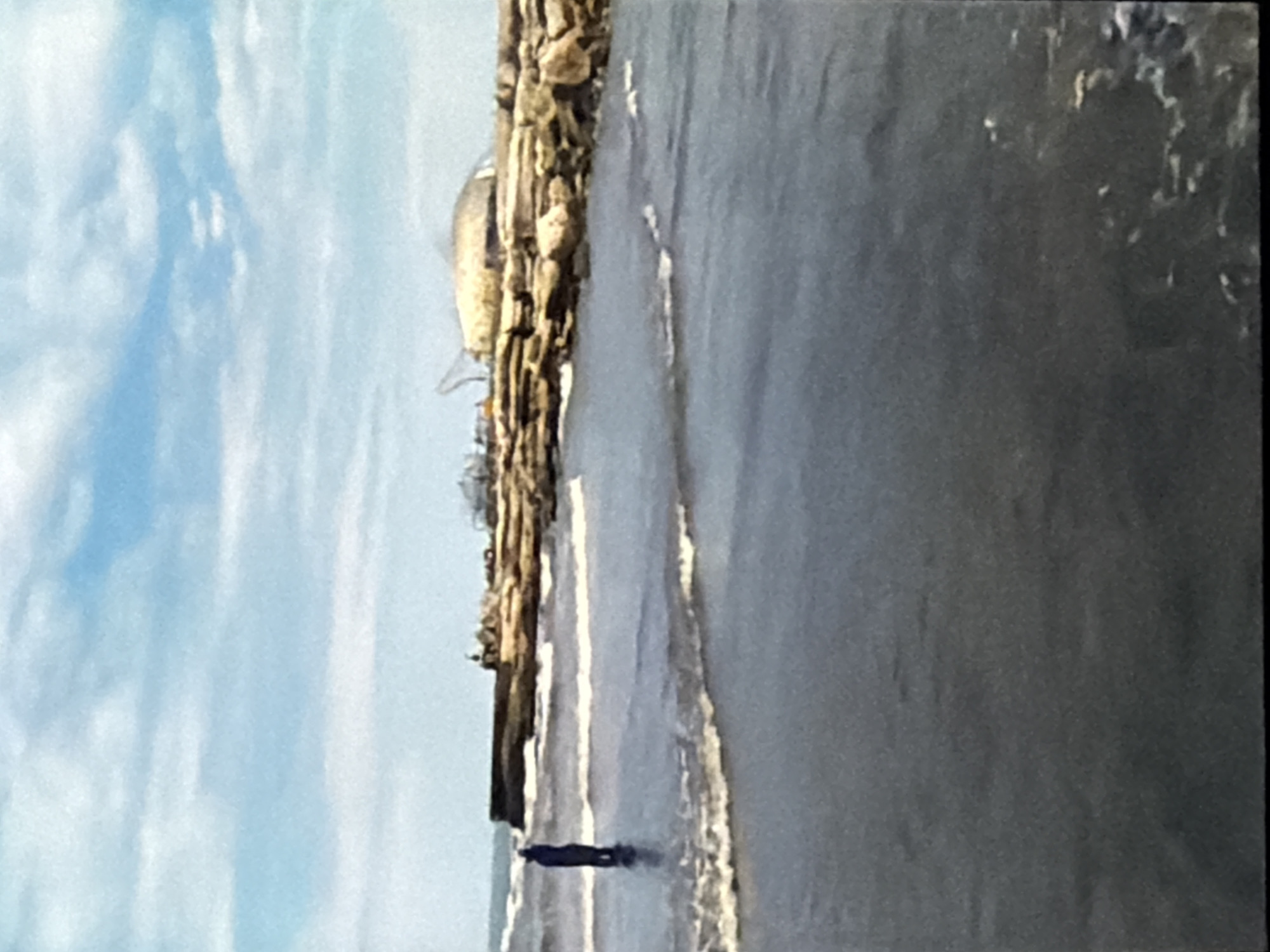 The image depicts a person standing on a beach in Lopatino, Russia. The person is dressed in dark clothing and appears to be facing the ocean. The sky is a pale blue with some scattered clouds, suggesting it is daytime. The water is calm with gentle waves lapping at the shore. There is a rock structure on the left side of the image, possibly a pier or breakwater. The overall scene is serene and peaceful. The time of day appears to be late afternoon or early evening, as indicated by the soft light. There is no visible text in the image.