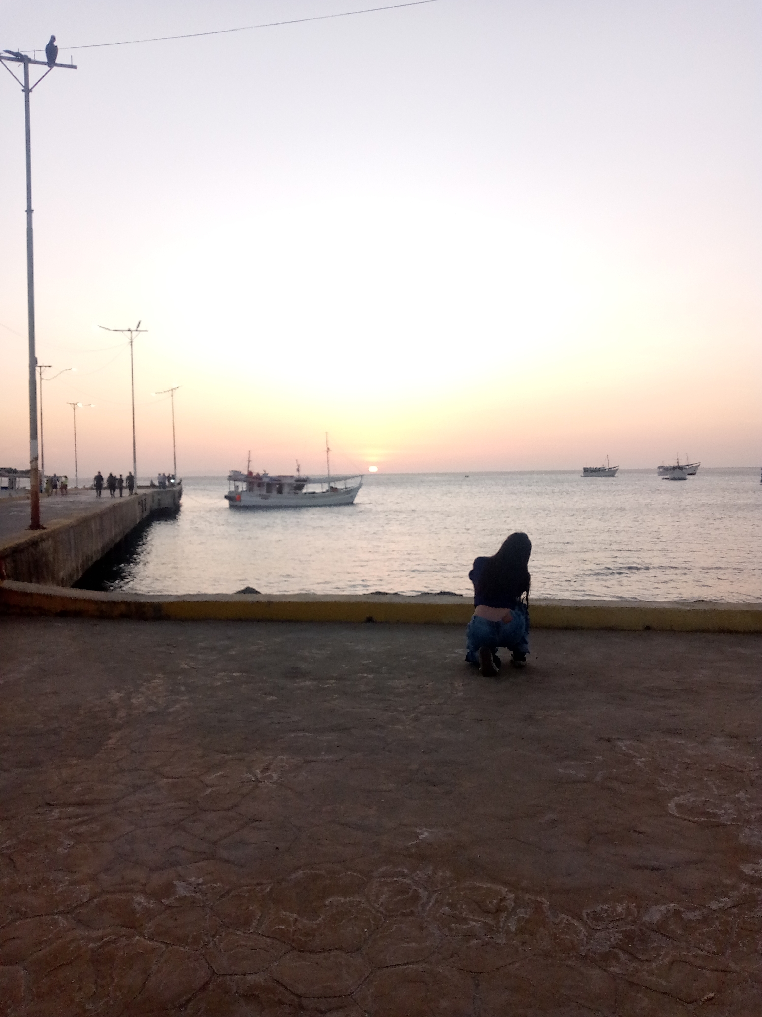 Here is a description of the image:
**Location:** The scene appears to be near a harbor or waterfront area, likely in Juan Griego, Venezuela, as it aligns with typical seaside views and structures.
**Environment:** The setting is during a sunset or sunrise, indicated by the warm-toned sky with the sun visible near the horizon. The weather appears calm, with a smooth sea.
**Objects:** There are several boats on the water. A pier or walkway with lighting standards is visible. There is a pole with a bird on top.
**People:** A person is crouched on the ground facing the water. Other people are walking on the pier.
**Actions:** The person is likely taking a photograph or observing the sunset. Boats are navigating the water. People on the pier are walking.