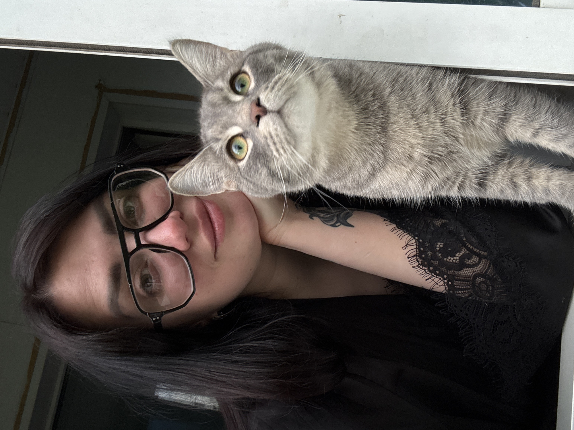 A woman with dark hair and glasses is holding a grey tabby cat. The cat is lying across the top of the frame, partially obscuring a white window frame. The woman is wearing a black lace-trimmed garment. The woman's left arm is visible, showing a tattoo. The background appears to be an interior space, possibly a room. The location is Unknown, Unknown.