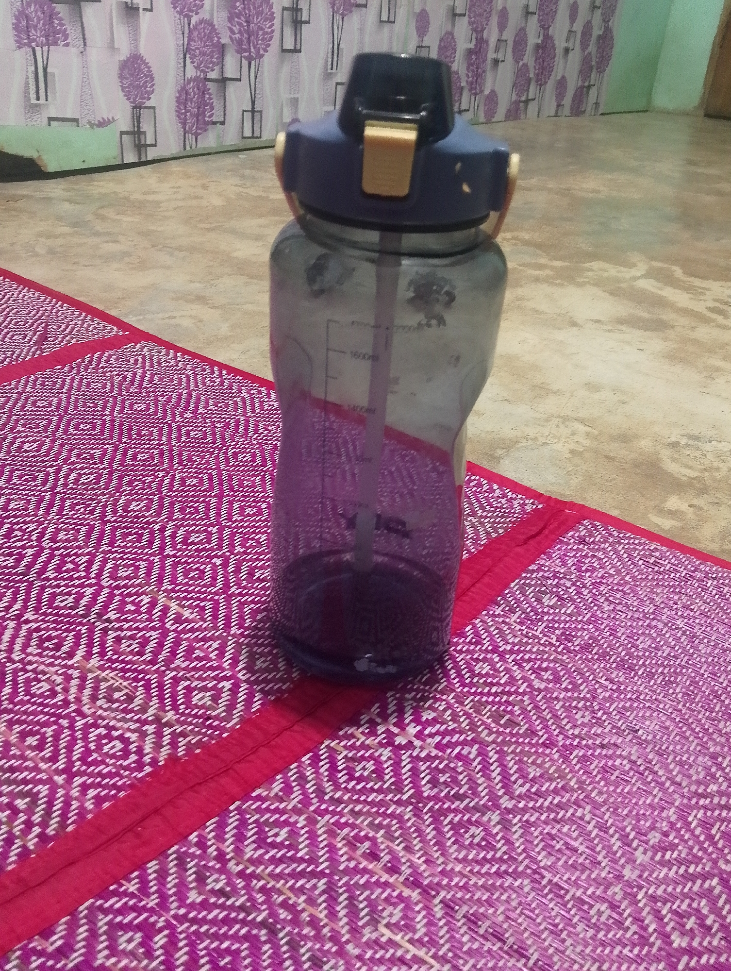 A clear plastic water bottle with a dark blue and tan lid, and a dark purple liquid inside, sits on a woven pink and white mat on a concrete floor. The bottle has measurement markings visible on its side. In the background, a wall is decorated with a purple tree pattern. The scene is indoors, possibly in a home or a communal area in Serbelawan, Indonesia.