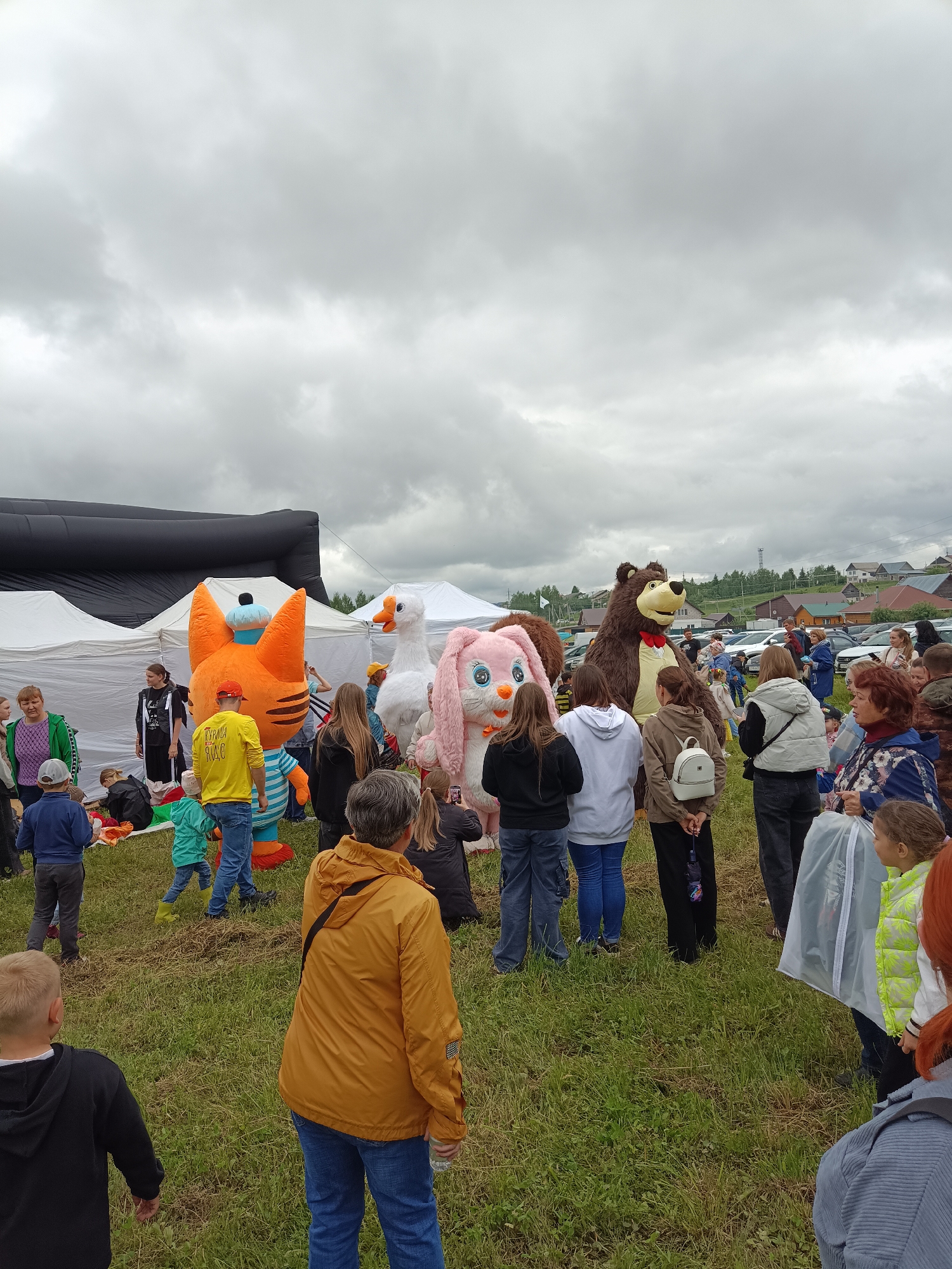 An outdoor event is captured in a wide shot under a heavily overcast, grey sky. The scene takes place in a grassy field with varied green and brown patches, indicating an open area. In the background, a residential area with multiple houses featuring brown and grey roofs is visible on a slight incline, beyond a line of parked cars. A tall, lattice-like metal structure, possibly a communication tower, stands on the distant horizon.
The foreground and mid-ground are populated by approximately 30-40 individuals, primarily adults and children of varying ages, dressed in casual attire including jackets, hoodies, t-shirts, jeans, and trousers. Many are looking towards the center of the image. A young boy in a black hoodie is in the far left foreground, facing away from the camera. A woman in a mustard yellow jacket and blue jeans, also facing away, is in the central foreground, holding a plastic water bottle.
The main focal point is a cluster of four large, anthropomorphic mascot characters. From left to right:
1. A large orange cat mascot with prominent ears, a blue cap, and blue and white striped clothing. An adult male in a bright yellow t-shirt is positioned directly behind it.
2. A tall white goose or duck mascot with an orange beak.
3. A large pink rabbit mascot with big blue eyes and long ears.
4. A very large brown bear mascot with a friendly expression and a red bow tie.
The mascots are surrounded by onlookers, suggesting they are entertainment or photo opportunities. Several white canopy tents are set up on the left side of the scene, partially obscuring some attendees. Further to the left, a large black inflatable structure is partially visible. A child in a green outfit and yellow rain boots is seen walking near the orange cat mascot. A woman in the mid-ground holds a small black umbrella. People are generally standing, observing the mascots, and some appear to be interacting or taking pictures. The overall atmosphere suggests a public gathering or fair. The location is Unknown, Unknown.