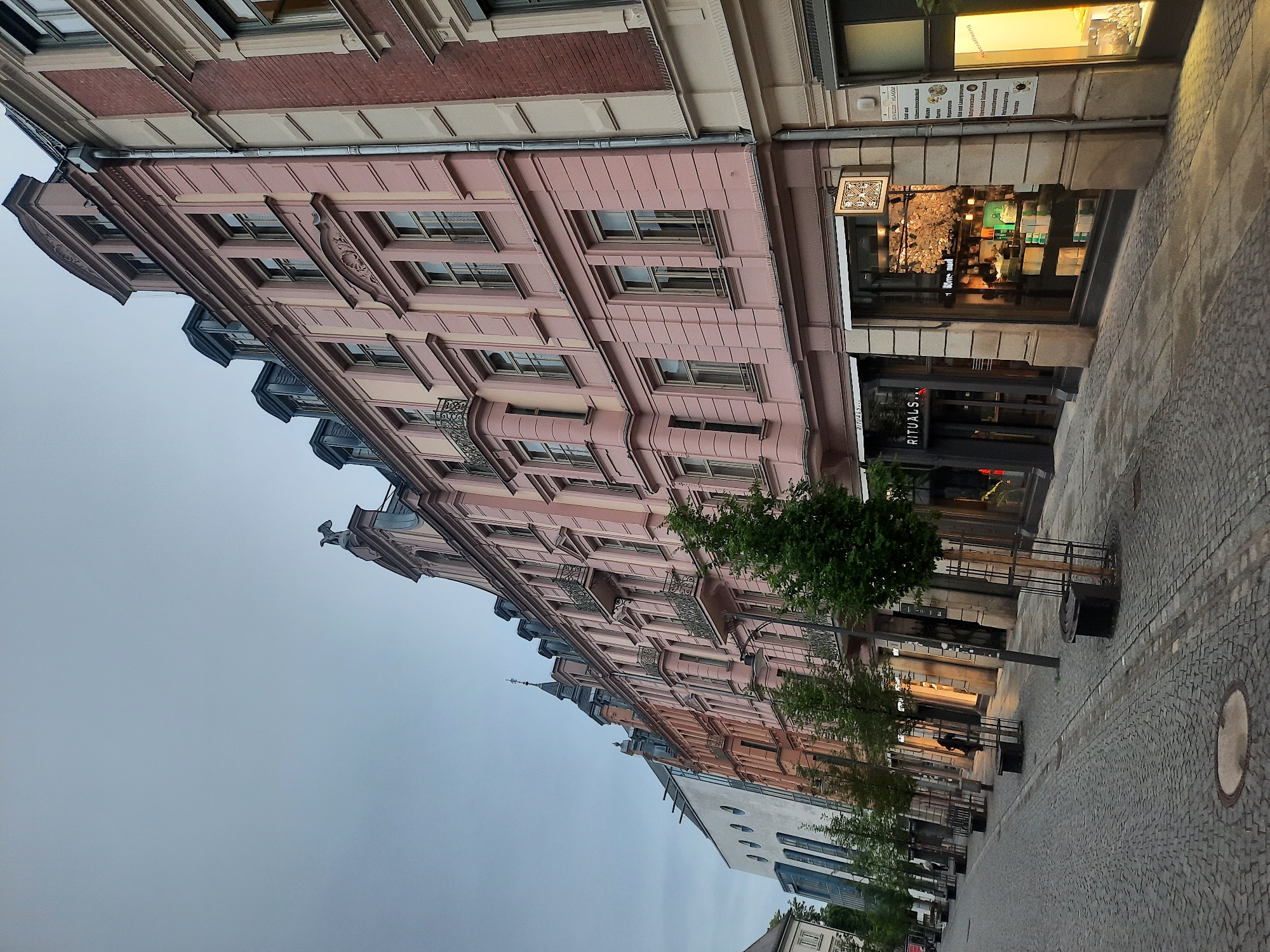 The image depicts a street scene in Rosenheim, Germany, focusing on the architecture of several connected buildings. The building in the foreground, painted a soft pink, features classical architectural elements such as ornate window frames, decorative reliefs, and balconies with wrought-iron railings. Above its mansard roof, a pair of sculpted birds are visible, positioned on the gable. Next to it, to the right, is a building constructed of red brick with lighter stone accents. To the left of the pink building, other structures of varying colors and architectural styles are visible, including a modern building with a curved, white facade and circular windows.
The street itself is paved with cobblestones and lined with young trees in planters. The storefronts of the buildings on the ground level are visible, including a "Rituals" store and another shop with a large display window. The lighting suggests it is either early morning or late evening, with the sky being overcast. A lone figure can be seen walking on the sidewalk in the distance, and another person is partially visible through the storefront window. The overall impression is of a European city street with a blend of historical and contemporary architecture.