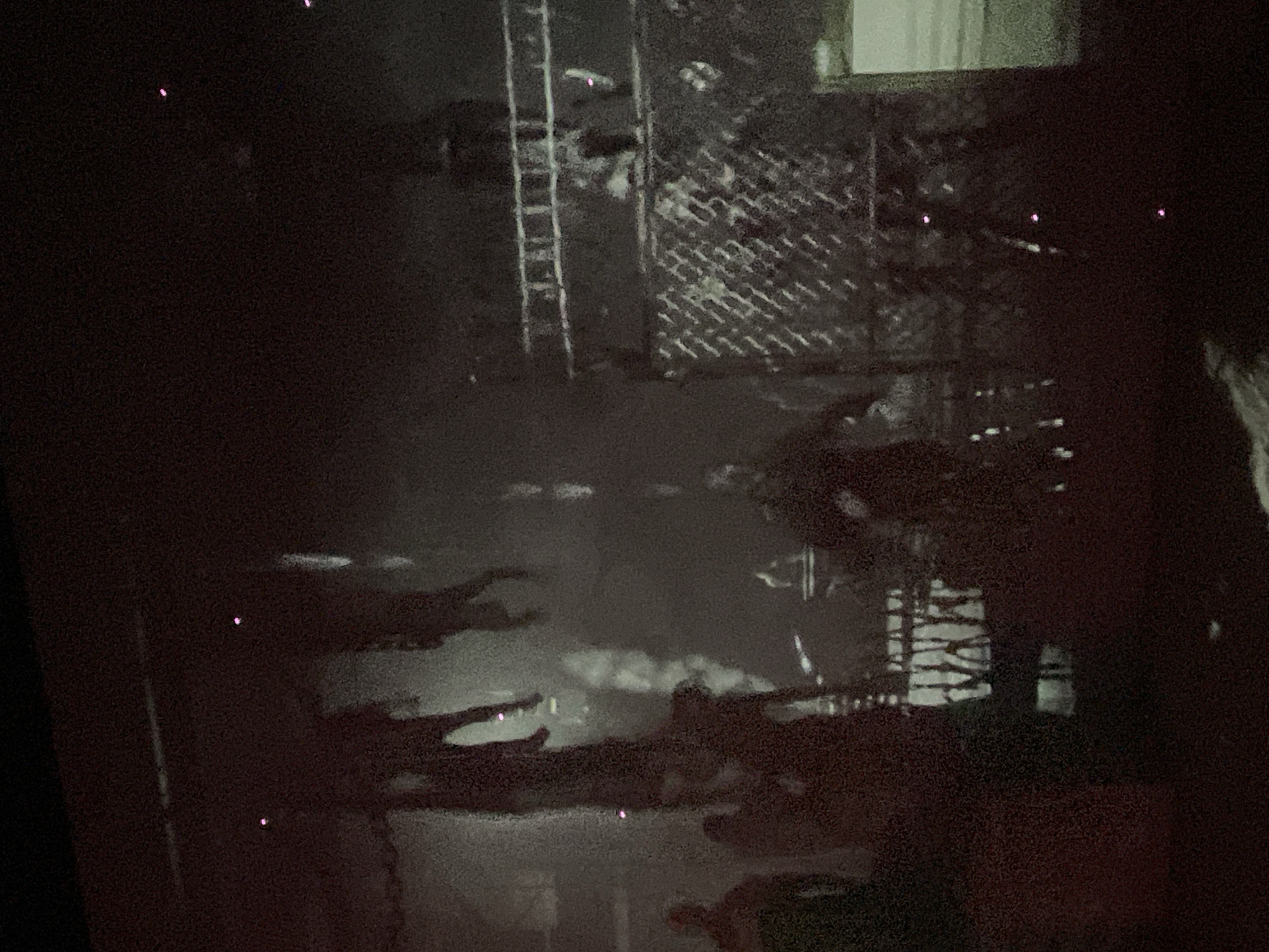 The image depicts a dark, grainy scene with several figures and structures. In the foreground, silhouettes of people are visible, some appearing to be standing and others in motion. In the mid-ground, there are multiple figures hanging from what appear to be ropes or chains, suggesting a scene of distress or execution. A chain-link fence or barrier is prominent in the right mid-ground, with further structures or scaffolding behind it. The overall environment is dimly lit, with some scattered light sources casting an eerie glow. There is no identifiable context within the image that would suggest a specific location in Denpasar, Indonesia.