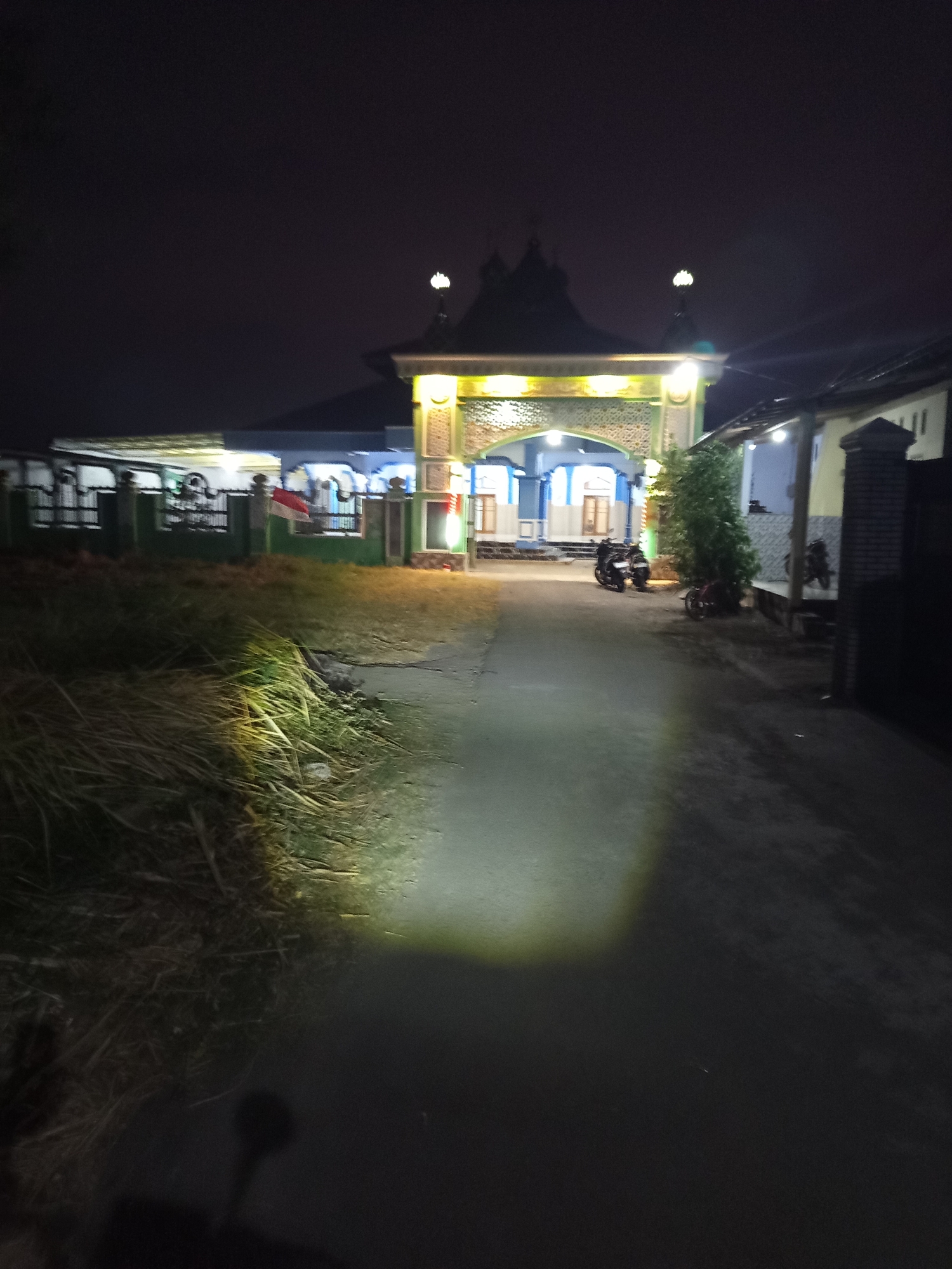 This is a nighttime exterior shot of a mosque in Ngablak, Indonesia. The mosque has a prominent arched entrance with decorative stonework and is illuminated by yellow lights. Blue and white are the dominant colors of the building's facade, and it features a tiered roof topped with finials. Several motorcycles are parked in front of the mosque, and a small tree stands to the right of the entrance. To the left of the path leading to the mosque, there is a patch of dry, tall grass. The ground in front of the mosque appears to be a paved road or pathway. The overall scene is dark, with the mosque being the primary source of light.