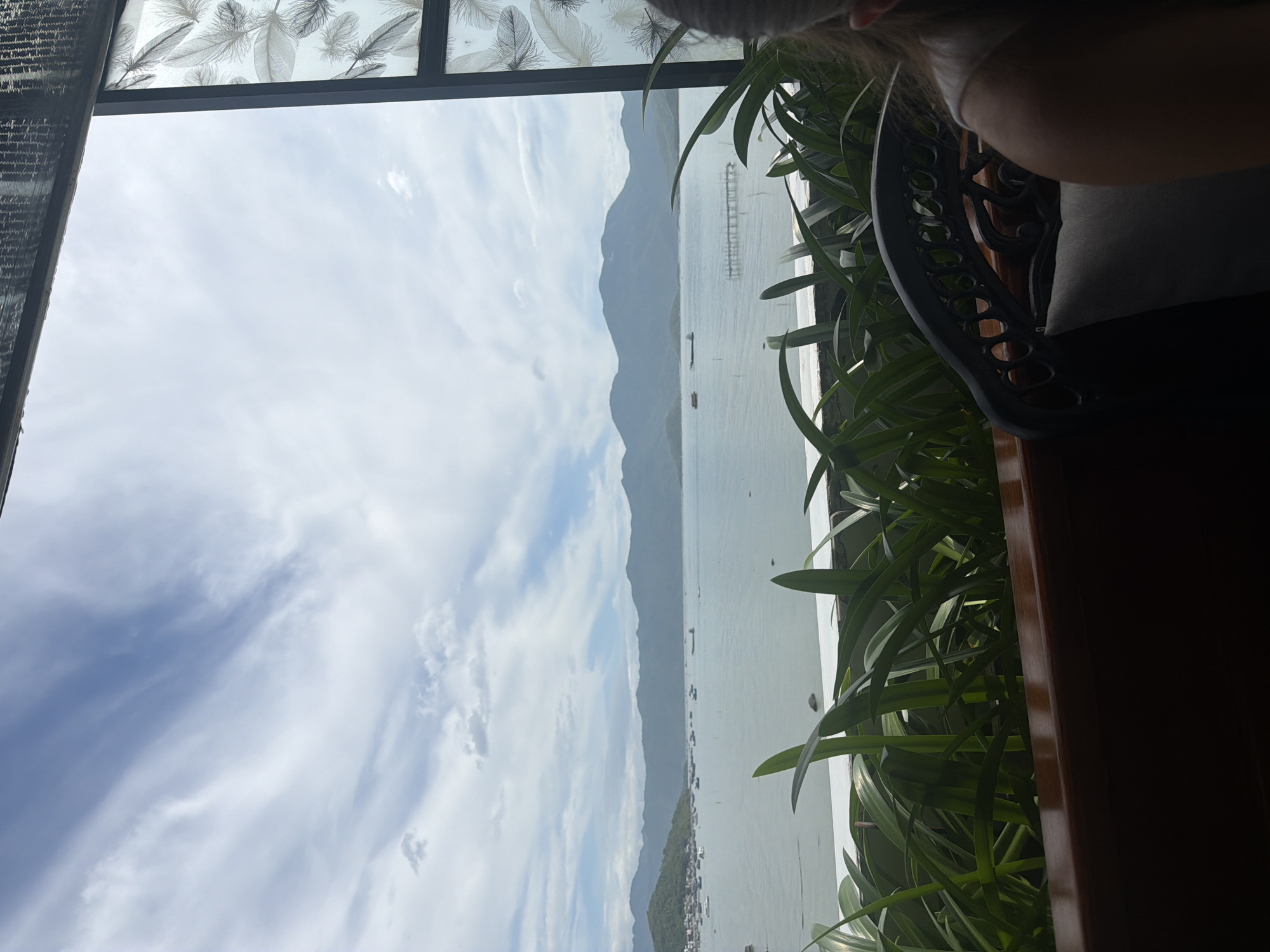 The image depicts a panoramic view of a coastal landscape, likely from an elevated vantage point within Bắc Nha Trang, Vietnam. In the foreground, lush green foliage forms a natural frame, with several large, deep green leaves prominently displayed. A dark wooden surface, possibly a table or bench, runs along the bottom of the frame. To the right, the shoulder and back of a person, with blonde hair, are visible, seated and looking away from the camera. They are wearing a light-colored top.
The mid-ground is dominated by a serene body of water, likely a bay or sea, dotted with numerous small boats and a larger vessel further out. A man-made structure, possibly a pier or a series of submerged poles, is visible in the water. In the distance, a range of verdant mountains forms the backdrop, their slopes covered in trees and greenery. A small town or village is nestled along the coastline to the left, with buildings and more boats clustered near the shore. The sky above is a pale blue, partially obscured by wispy white clouds. The overall impression is one of a tranquil, scenic location, possibly a restaurant or cafe terrace overlooking the bay.