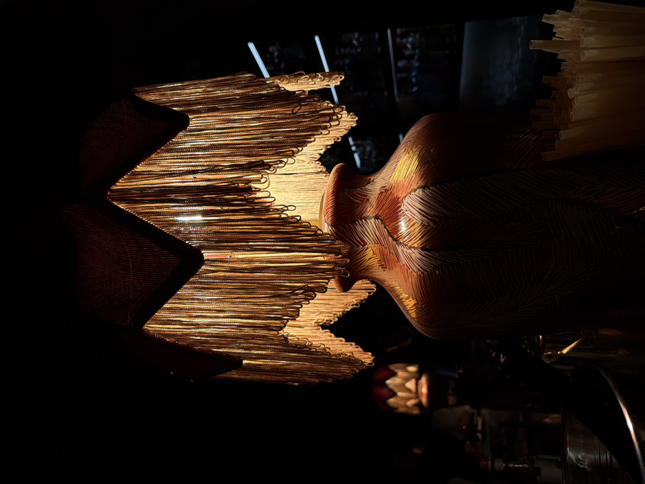 A lit, geometric lampshade of woven strands glows warmly against a dark background. Beside it, a vase-like object with a patterned surface reflects light, possibly from the same source. Below, indistinct shapes hint at a deeper background, suggesting a table setting with other reflective objects. The scene is moody, emphasizing texture and the interplay of light and shadow.