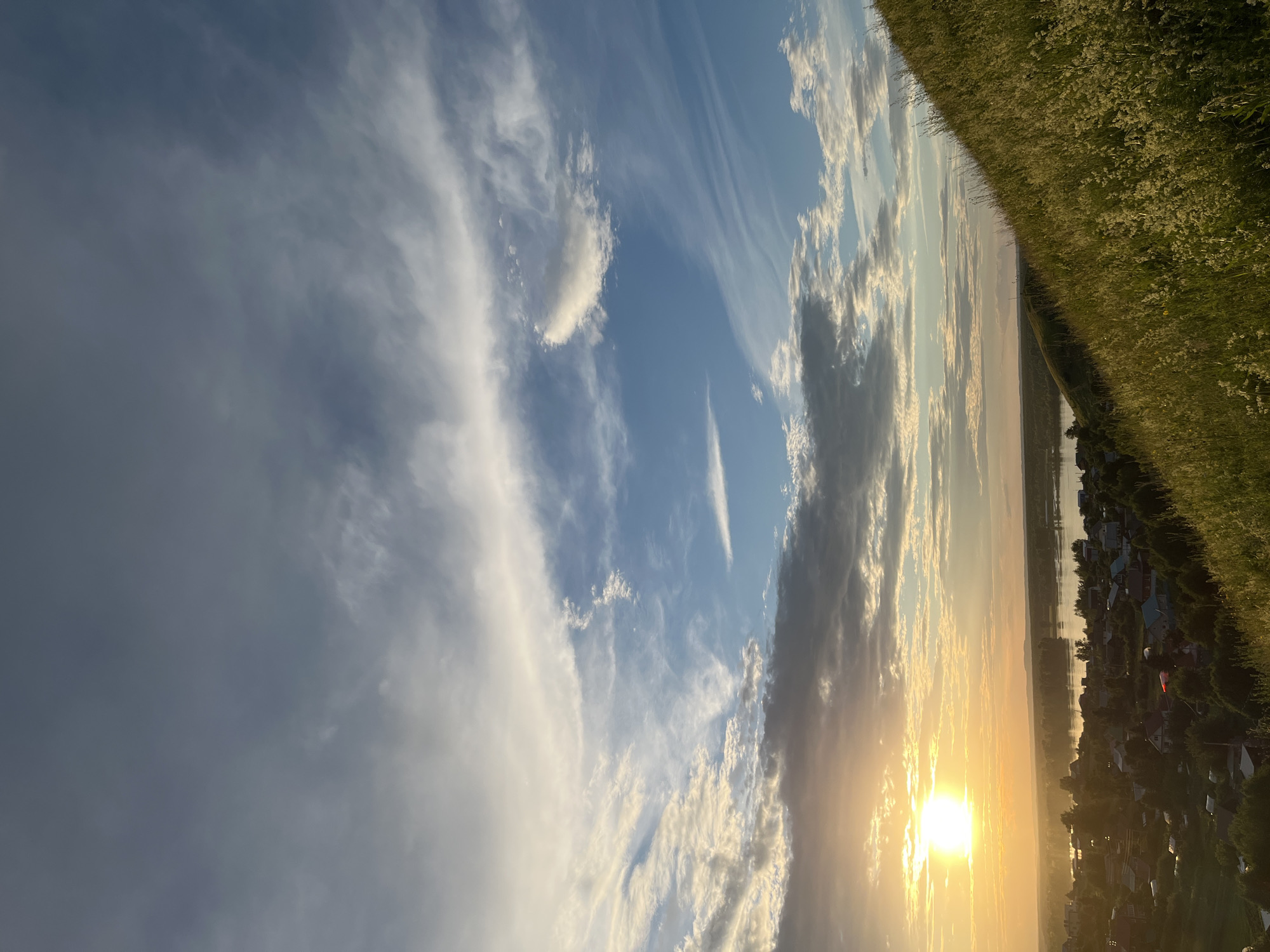 The image is a vertical, wide-angle photograph taken outdoors at a high vantage point, looking down and across a landscape at sunset. The scene captures a rural or semi-rural setting in Olkhovka, Russia.
The sky dominates the upper half of the image, filled with a mix of dramatic clouds. Wispy, white cirrus clouds stretch across a blue sky, interspersed with darker, more textured cumulus clouds. The sun is low on the horizon, partially obscured by clouds, casting a warm, golden-orange glow that illuminates the clouds from behind and creates a bright, hazy atmosphere.
Below the sky, a vast body of water, likely a river or lake, stretches into the distance, reflecting the sunset's light. Along the far bank of the water, a village or small town is visible, with numerous houses featuring varied roof colors, nestled amongst trees. The houses are clustered together, suggesting a community.
To the right side of the image, a steep embankment covered in dense, green grass and wild flowers rises sharply. The grass is lush and appears to be in full bloom, with many small white flowers. This embankment creates a strong diagonal line separating the sky and water from the foreground.
The time of day is clearly sunset, given the low position of the sun and the warm, diffused light. The weather appears fair, with a mix of sun and clouds. The overall mood is serene and picturesque, with the natural beauty of the sunset and landscape taking center stage. There is no visible text in the image.
