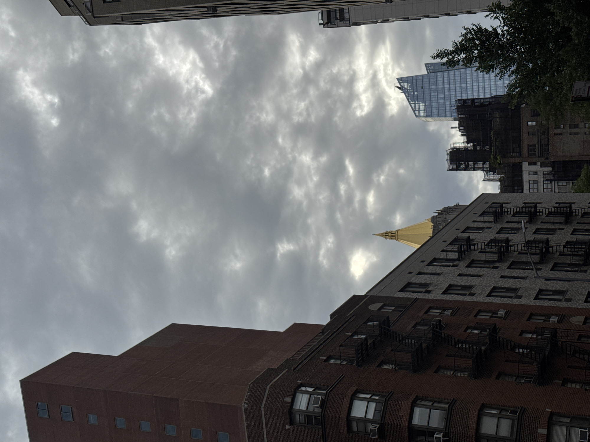 The image captures a view looking upward in New York City, United States of America. The scene is dominated by the gray, overcast sky filled with dense clouds. Several buildings are visible, including a brown brick building with visible fire escapes, a modern glass skyscraper, and a building with a distinctive gold spire. The buildings are of varied heights and architectural styles. Some tree branches and leaves are visible in the top right corner of the frame.