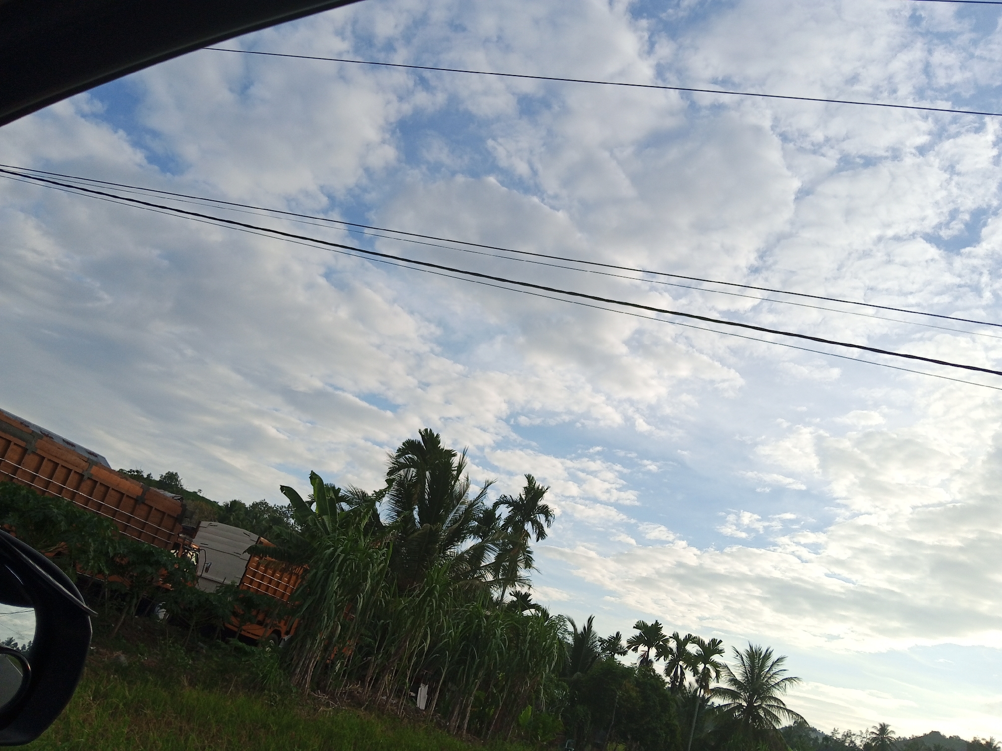 The image shows a view from inside a vehicle, likely a car, with part of the car frame visible in the upper left and the side mirror in the lower left. The sky is filled with white and gray clouds against a pale blue backdrop, with two electrical wires stretching across the top of the frame. In the lower half of the image, there's dense vegetation, including tall grasses and palm trees, indicating a tropical or subtropical environment. A long orange truck is partially visible through the vegetation to the left. The location appears to be Luengbaro, Indonesia based on the vegetation and vehicle type.