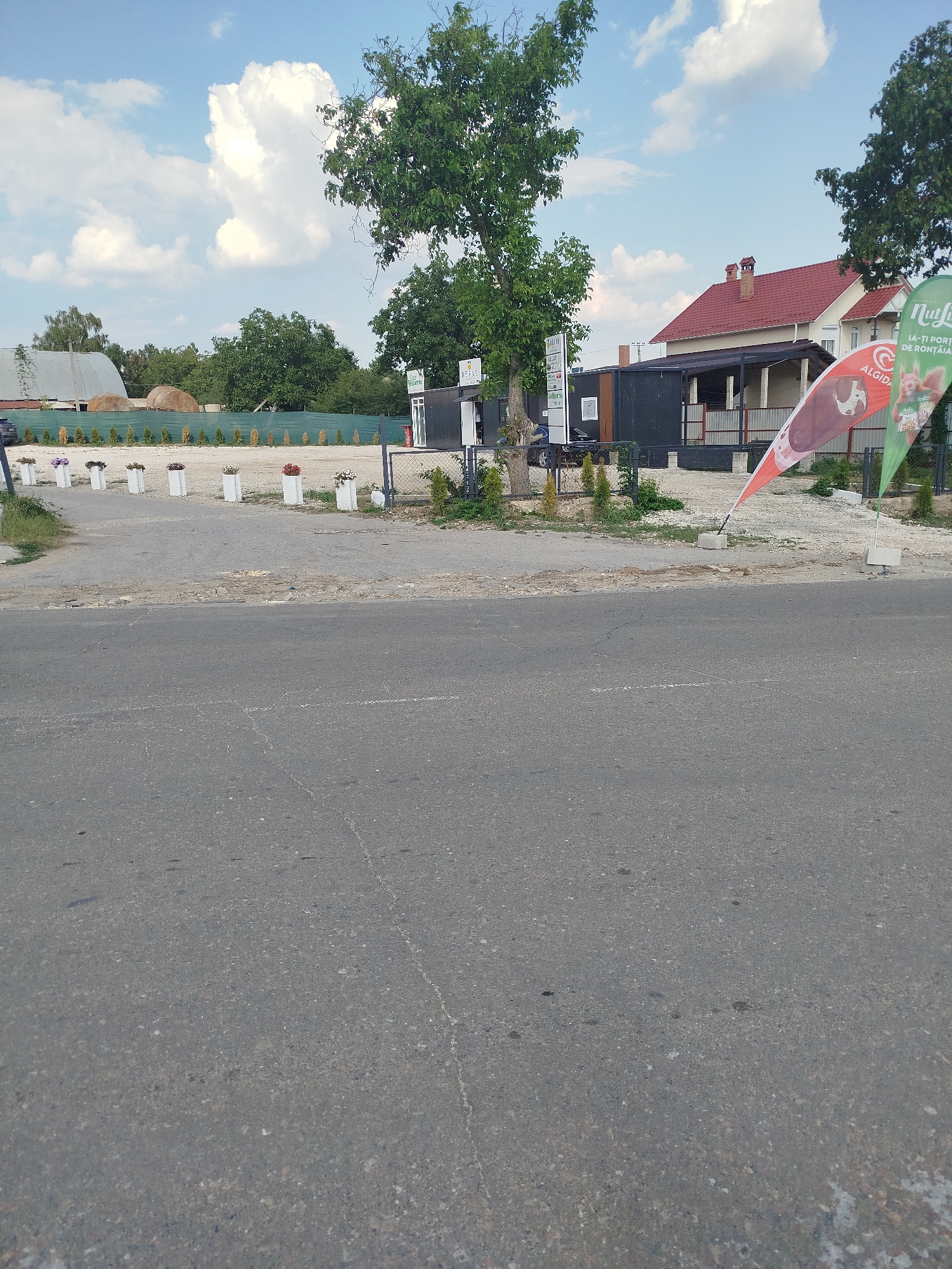 This image depicts an outdoor scene on a cloudy day, likely in the city of Suruceni, Moldova. In the foreground, a paved road with some markings is visible. Beyond the road, there is a dirt or gravel area with several white planters containing small plants or flowers. Behind this area, a dark-colored building with a covered outdoor section is present. Further back, a residential building with a red-tiled roof is visible. Two flags are planted on the ground in front of the dark building, one red and white with an image of a dog, and another green and white with text. A mature tree with green leaves stands to the left of the building. In the background, more trees and a barn-like structure can be seen. The overall impression is that of a commercial or service area adjacent to a residential zone, possibly a roadside establishment. There are no people visible in the image.